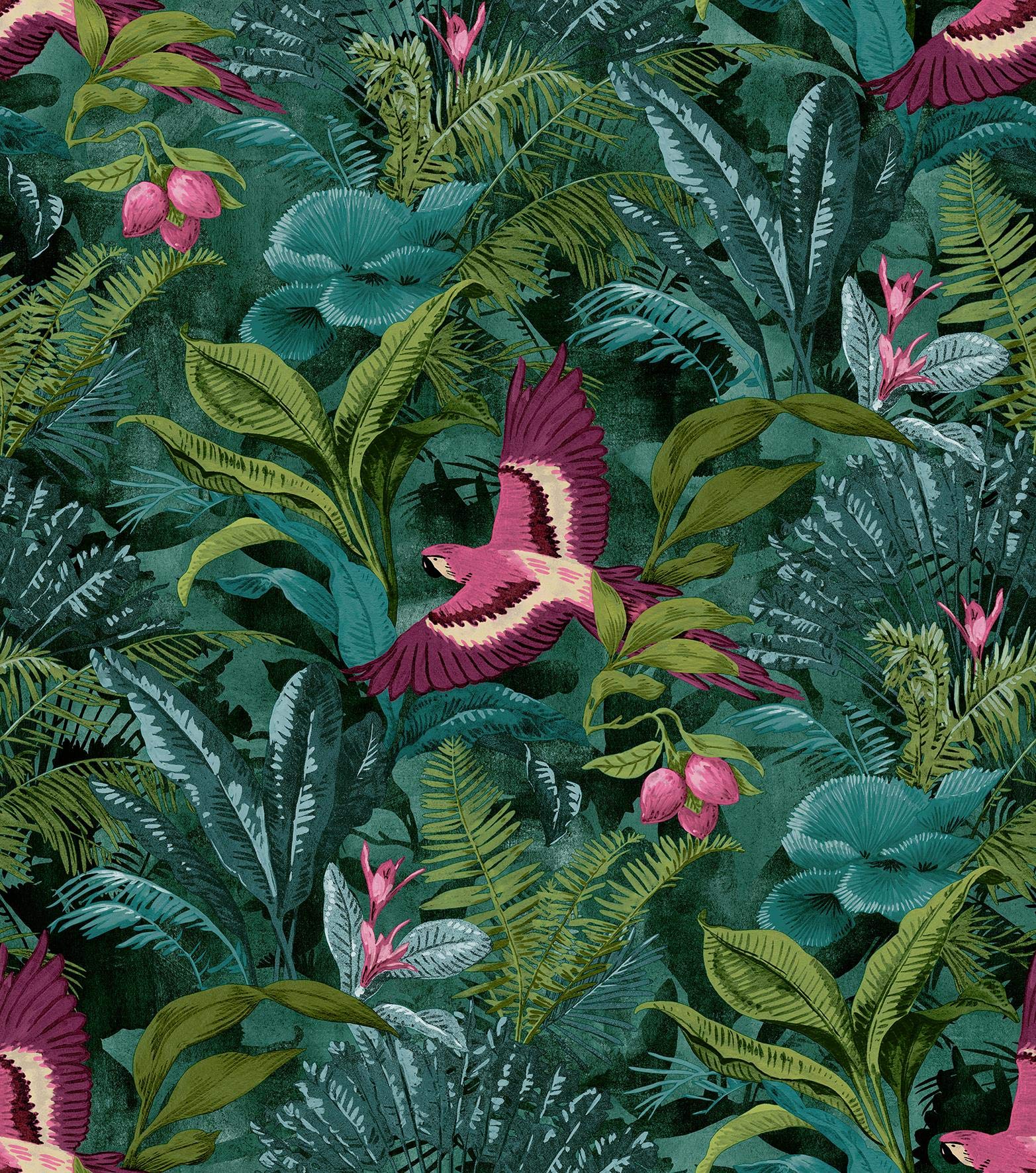 Yöl Green,Teal Tropical Rainforest Wallpaper Botanical Floral Birds Jungle Teal Green