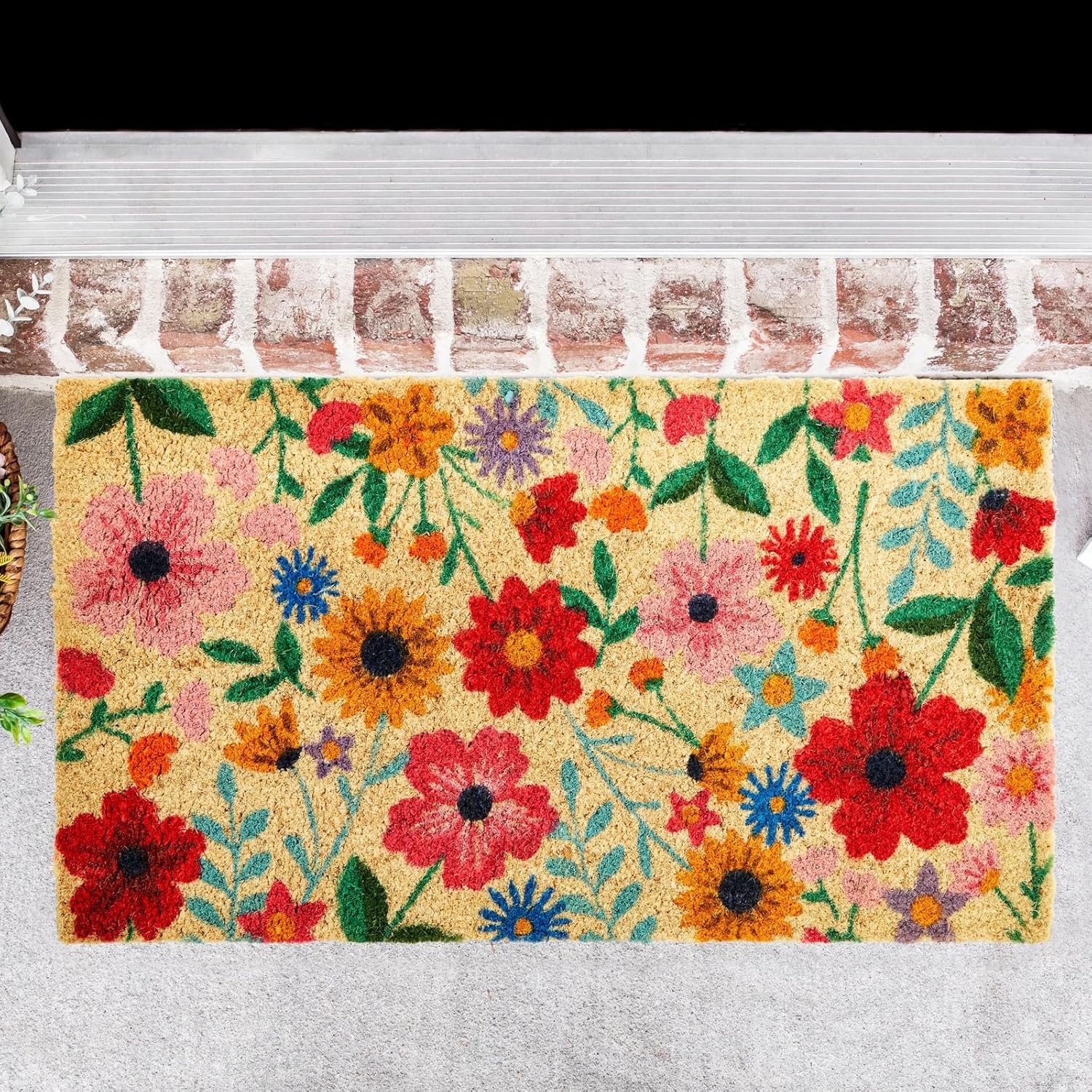 Juvale Flower Door Mat - 17 x 30 in, Rectangular, Multi-Color, Farmhouse Coir - Outdoor Coir Mat, Spring Outdoor Doormat with Water-Shedding PVC Backing & Handmade Floral Design