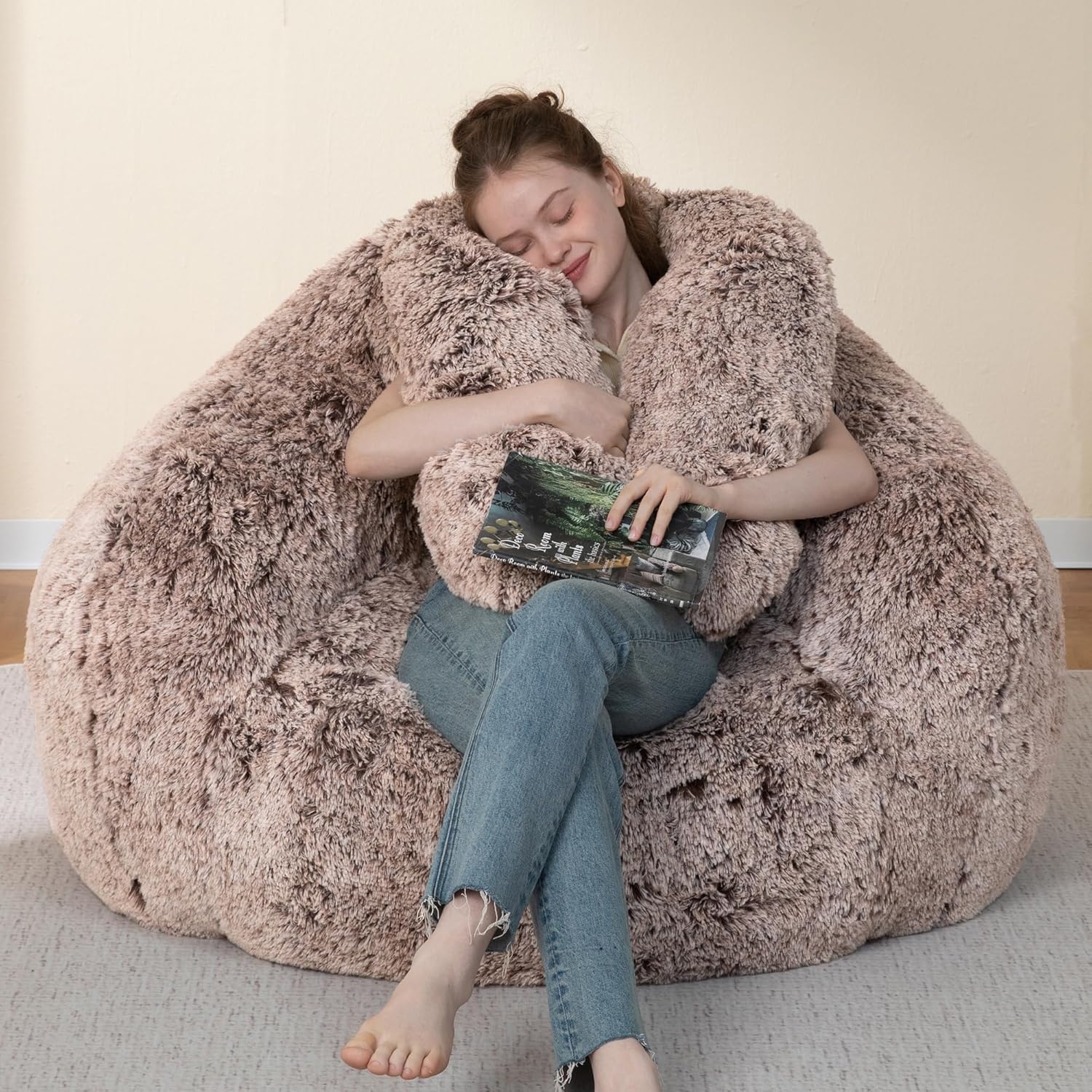 Bean Bag Chair for Adults Kids Giant Fluffy Plush Bean Bag Sofa with Filler Faux Fur Rabbit Shaped Beanbag Chairs Comfy Accent Floor Couch for Gaming, Reading in Bedroom, Living Room, Dorm