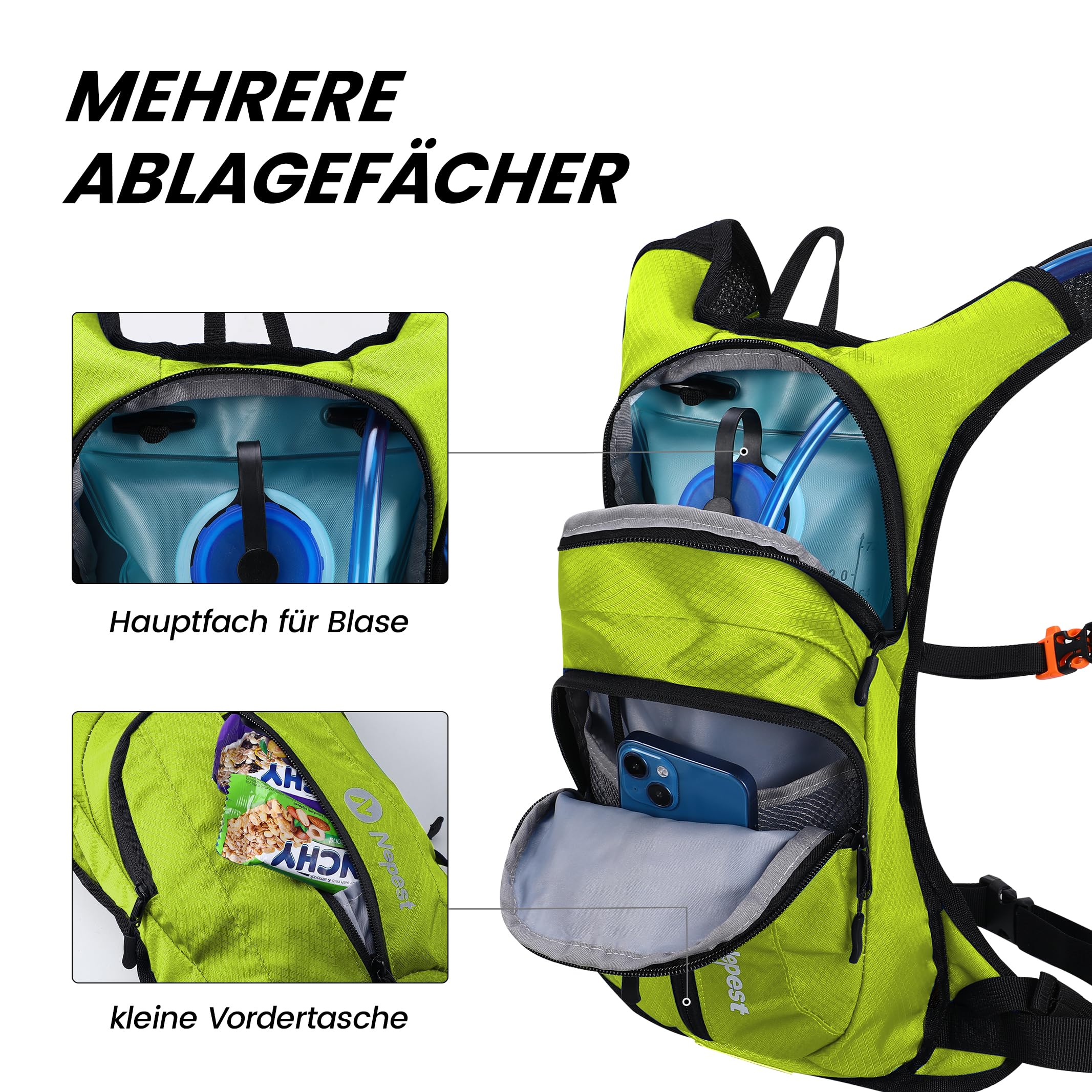 Nepest Trinkrucksack 8L - Fahrradrucksack & Skirucksack mit 2L Trinkblase | Ideal für MTB, Laufen & Skifahren | Verstellbarer Brust & Taillengurt mit Sicherheitspfeife - Grün