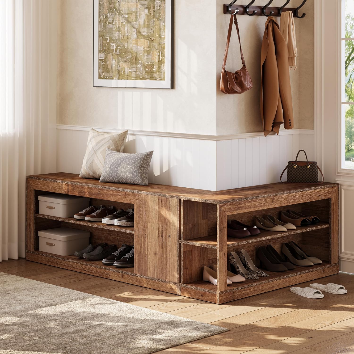 LITTLE TREE L-Shaped Corner Shoe Bench, 2-Piece Modular Wooden Nook Bench with Open Storage Shelves for Entryway, Bedroom, Hallway, Straight/L-Shaped/Separate Arrangement, Light Walnut
