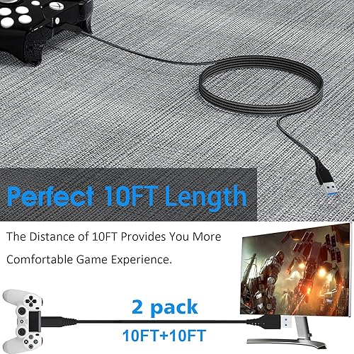 Miniatura 6 de Playstaion 4 - Cable de carga para control PS4 cable de carga de 10 pies paquete de 2 para Sony Playstaion 4 PS4 SlimPro Dualshock 4 Xbox OneOne X