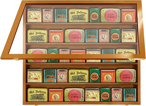 PENNZONI Tobacco Tins Display Case - Pipe Tobacco Tins Display Box, Crystal Clear Acrylic Tobacco Tins Collection, Wooden Storage Box Display w/Walnut Finish