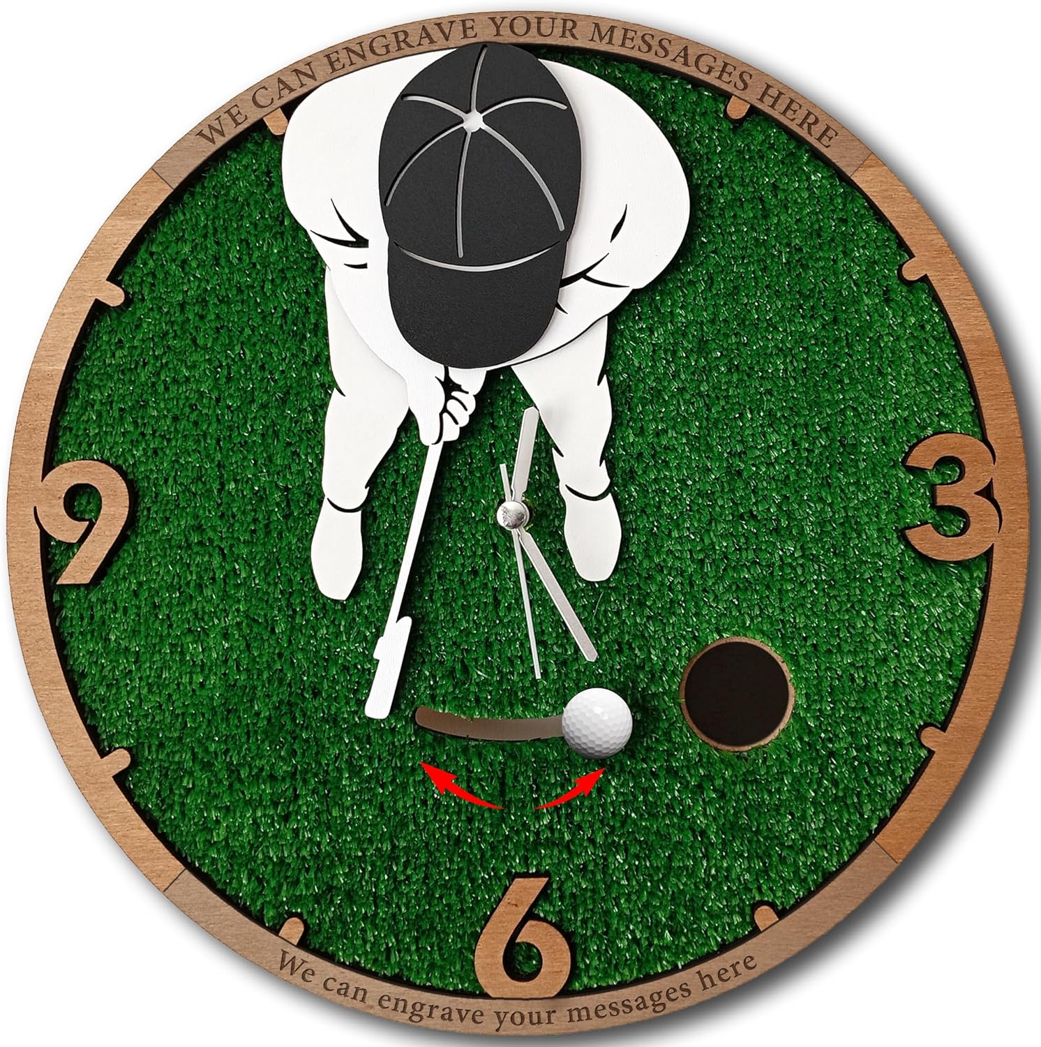 Golf Ball Swinging Wall Clock, Realistic Turf and Customizable Engraving Options Perfect Personalized Gift for Golf Lovers, Golf Wall Art, Golf Wall Decor, Gift for Golfer Men Dad (12 inches)