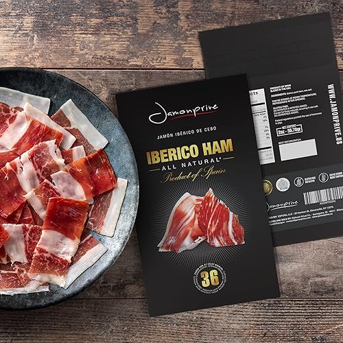 Miniatura 9 de Jamón ibérico español en rodajas (4 onzas) Jamonprive  Jamón español ibérico alimentado con pasto (Pata Negra) sin nitratos ni nitritos, todo