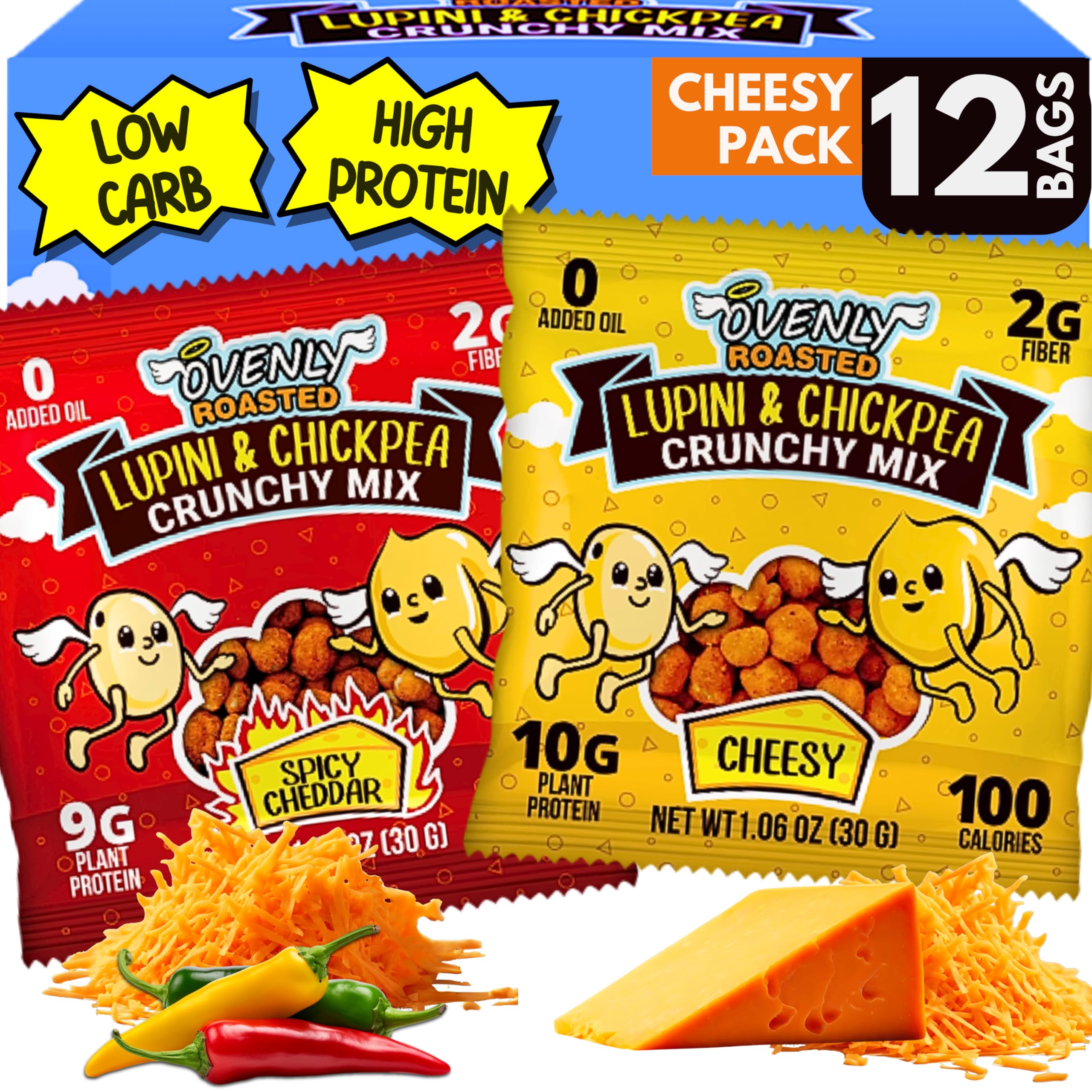 OVENLY ROASTED Chickpea & Lupini Bean Snack(12 Pack) | LOW CARB & HIGH PROTEIN | Gluten-Free | 100 Calorie Bags | Healthy Snacks for Adults and Kids | CRUNCHY CHEDDAR & SPICY CHEDDAR