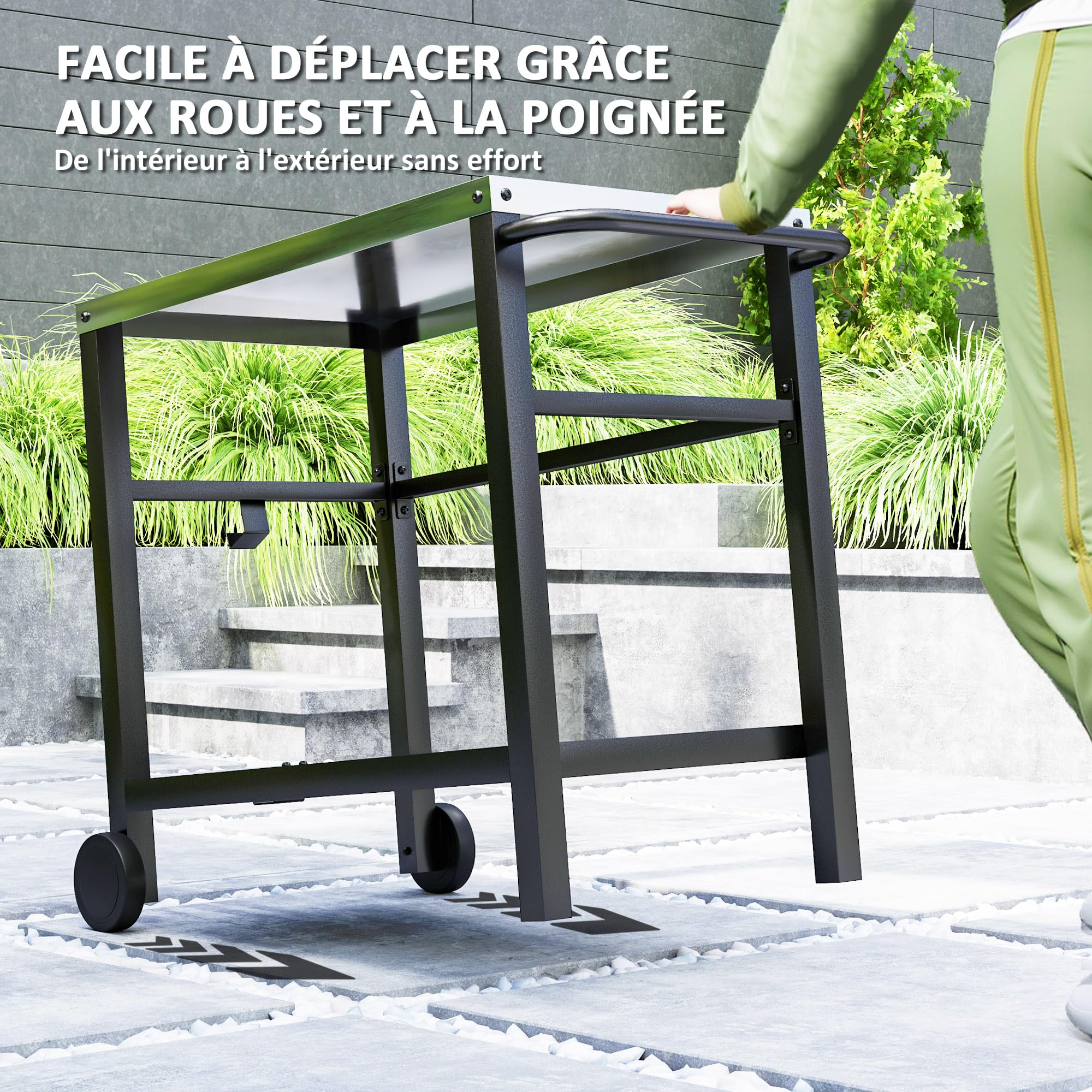 Outsunny Desserte plancha extérieure avec Plan de Travail en Acier Inoxydable, Chariot de Barbecue avec étagère, desserte de Jardin avec Crochets, Porte-Serviettes, 2 Roues, 102x50x81cm, Gris Charbon