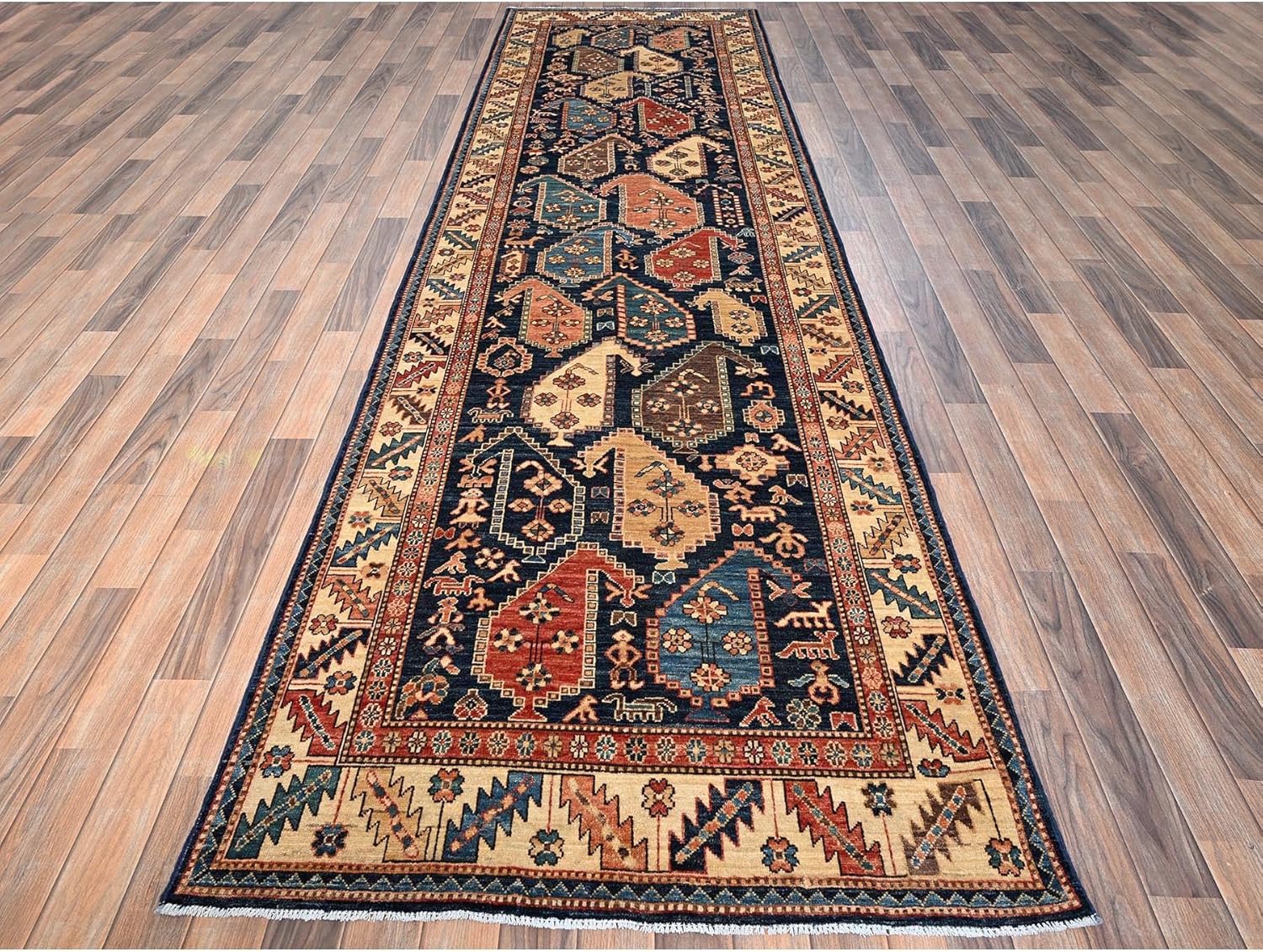 Midnight Blue Paisley Design Hand Knotted Wool Runner Oriental Rug, 3'10"x13'2", Traditional Persian Style Hallway Carpet