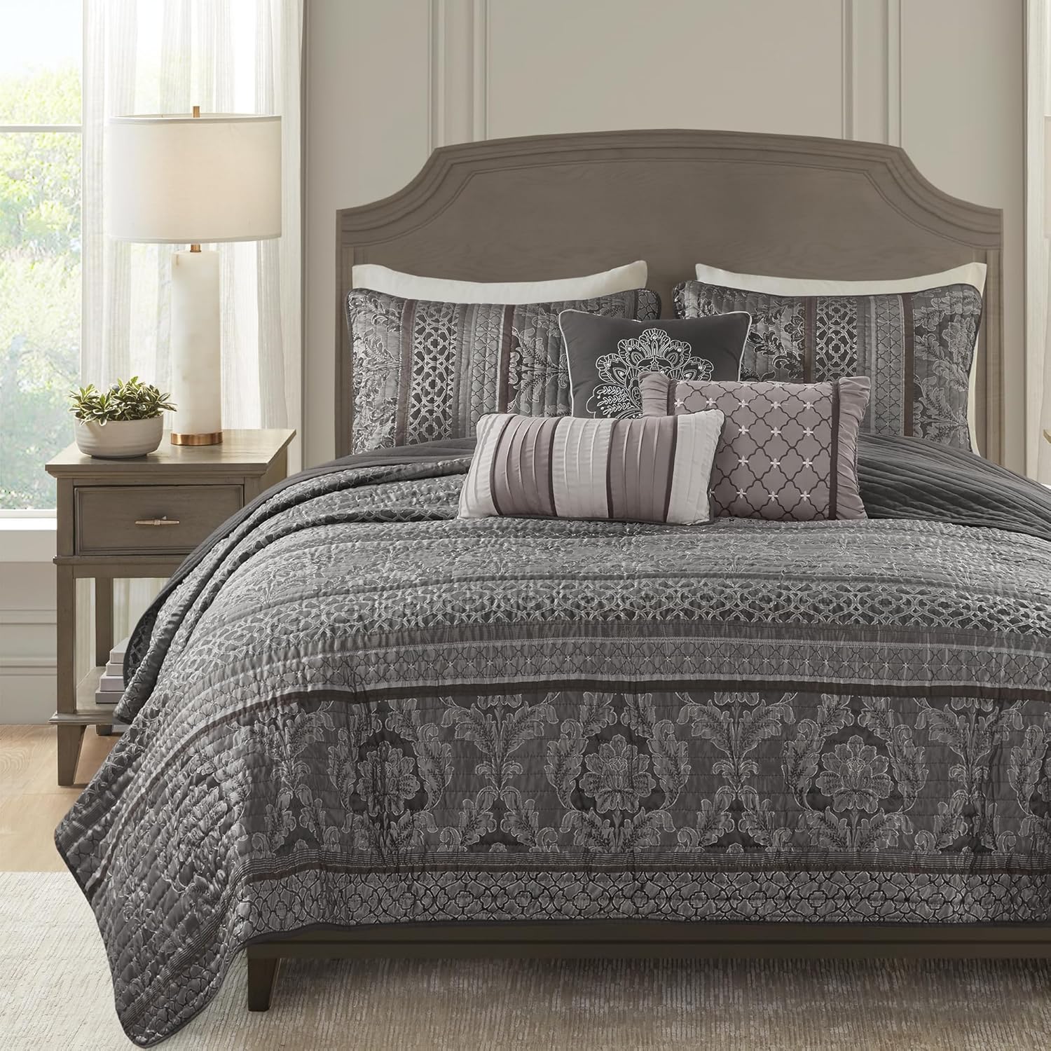 Madison Park Quilt Traditional Damask Design All Season, Lightweight Coverlet Bedspread Bedding Set, Matching Shams, Pillows, 90"x90", Bellagio, Jacquard Grey, 6 Piece Grey Full/Queen(90"x90")