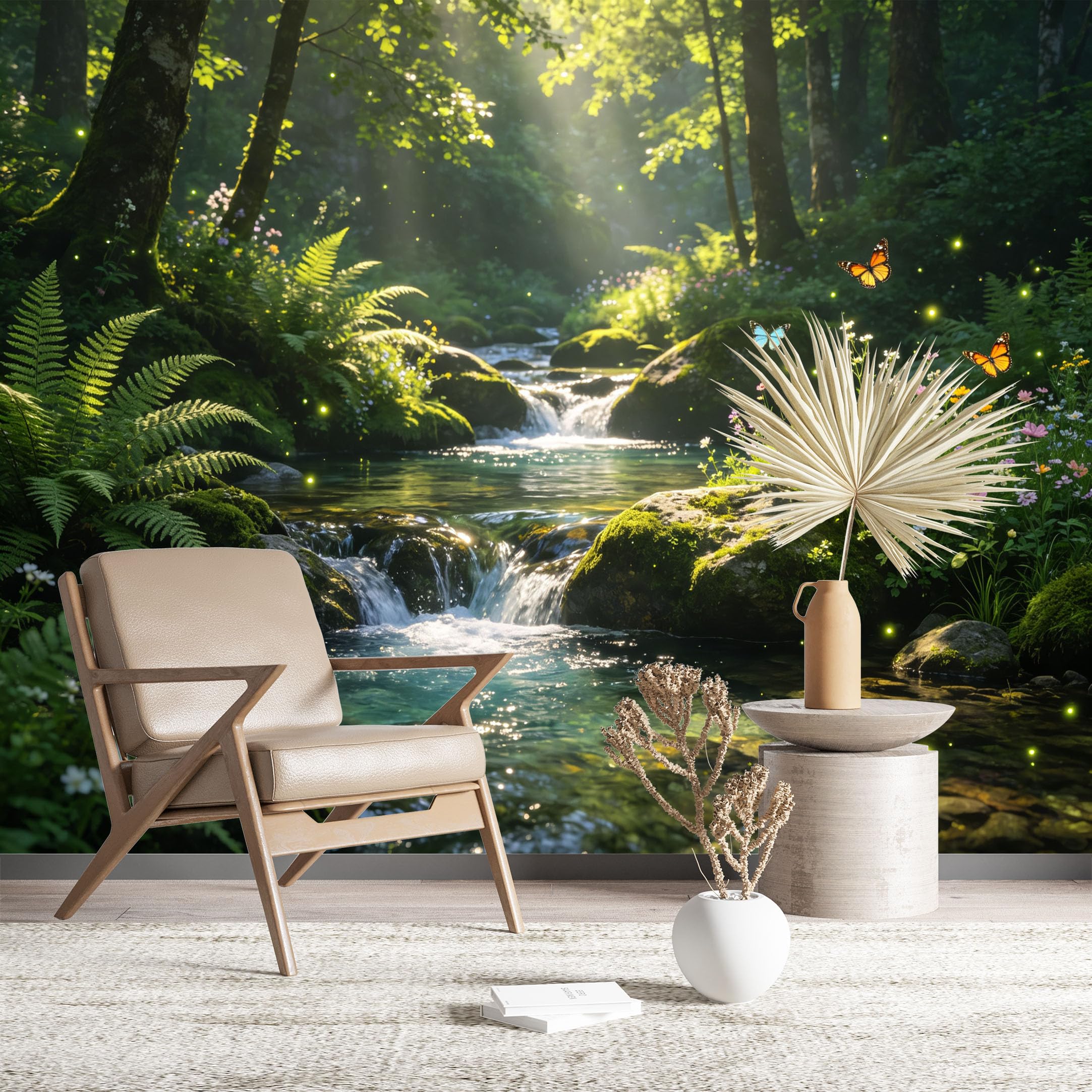 ustom Size Wall Murals Sunlit Forest Stream with Butterflies Wall Murals Nature Wallpaper Large Photo Wallpaper Self-Adhesive Removable Wallpaper