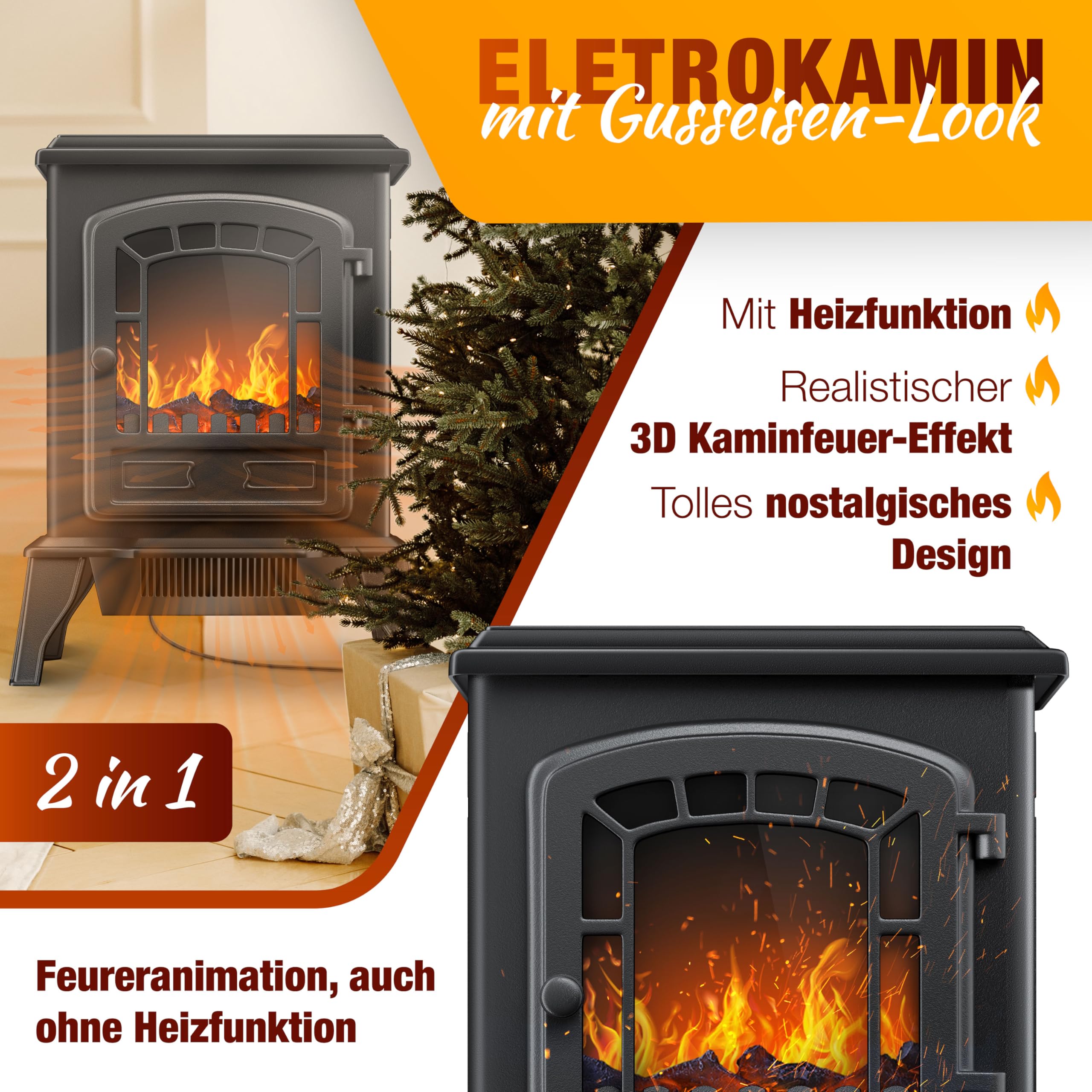 Kominek elektryczny KESSER® z termowentylatorem, kominek elektryczny 2000 W, ogrzewanie elektryczne LED efekt kominka, kominek, efekt płomienia, grzałka, piecyk, cichy, regulowany, czarny