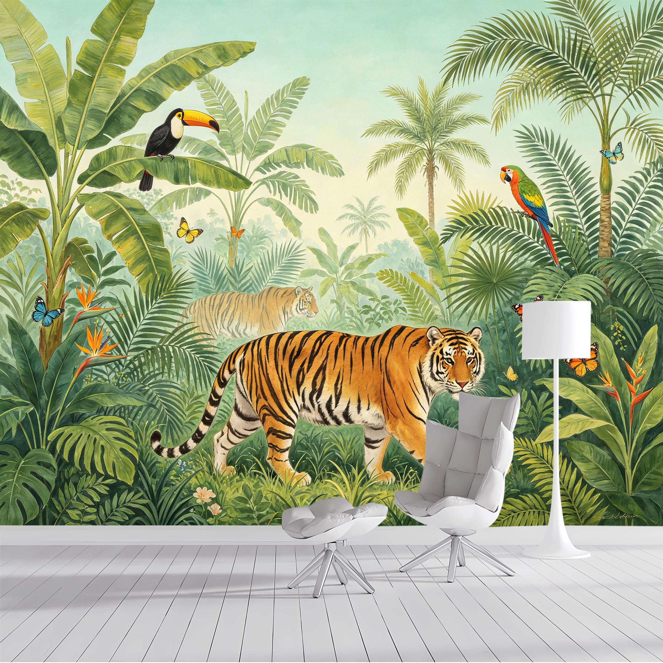 Custom Size Wall Mural Tropical Jungle Tiger Parrot Butterfly Botanical Watercolor Style SelfAdhesive Wall Fabric Removable Peel and Stick Wallpaper for Living Room Bedroom Bathroom