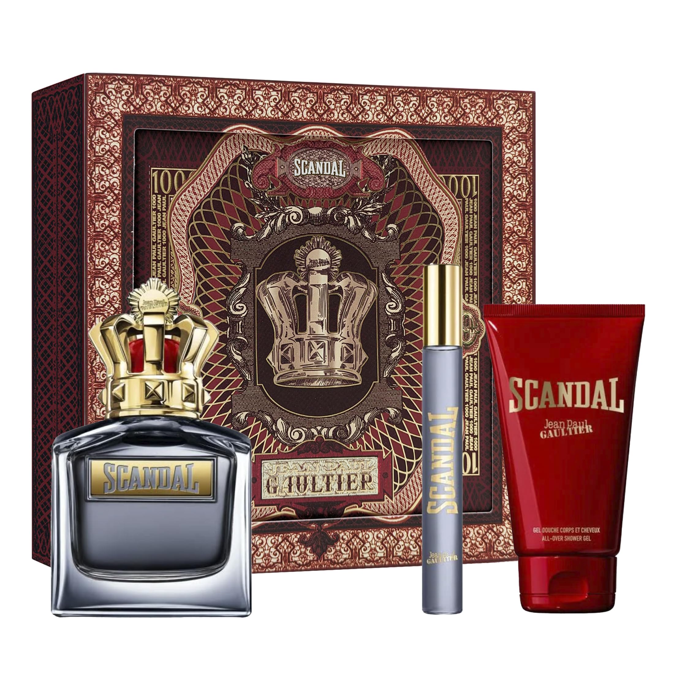 Jean Paul Gaultier Scandal 3-Piece Set for Men (3.4 Oz Eau De Toilette Spray + 2.5 Oz Shower Gel + 0.34 Oz Eau De Toilette)