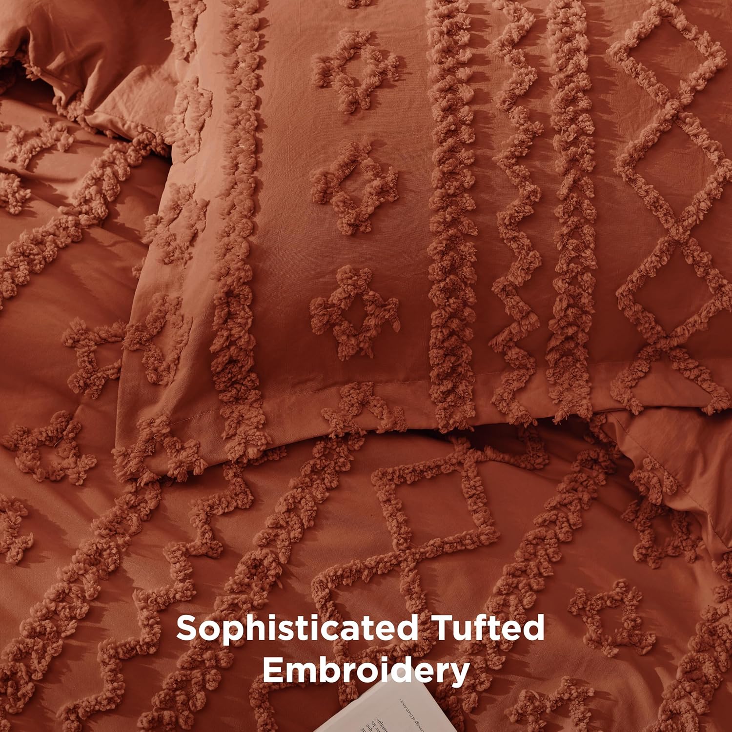 Bedsure Tufted Boho Comforter Set King Size - Terracotta Boho Bed Set, GentleSoft™ 3 Pieces Farmhouse Shabby Chic Embroidery Bedding, Gifts for Woman, Soft Jacquard King Comforter for All Seasons - Image 5