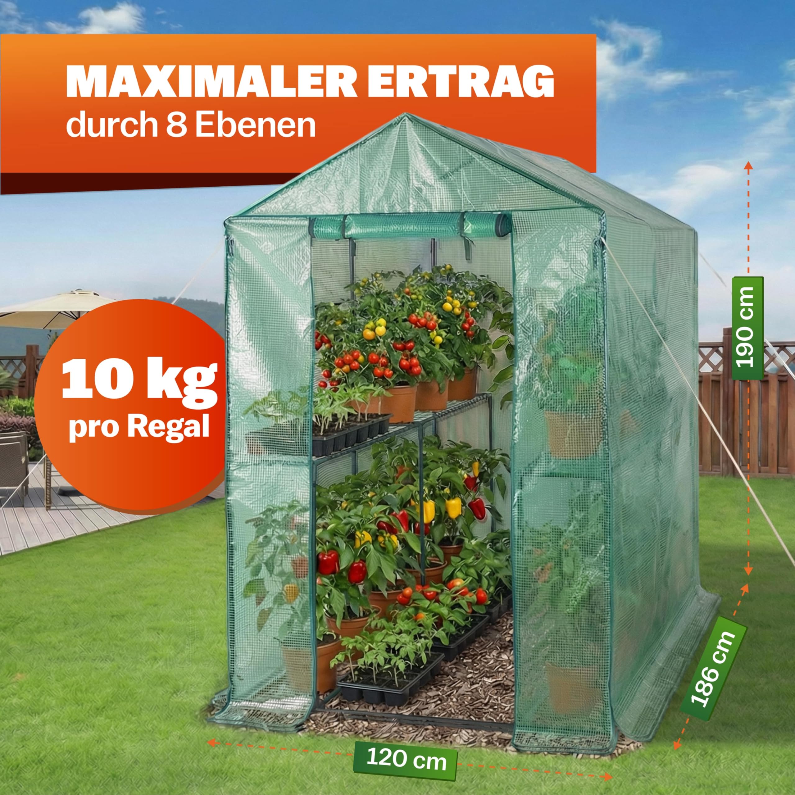 Gardebruk® Gewächshaus 190x186x120 cm Tomatengewächshaus Begehbar mit 4 Ablagen Foliengewächshaus Treibhaus mit Aufrollbarer Tür für Garten & Balkon Stabil, UV-beständig, Grün