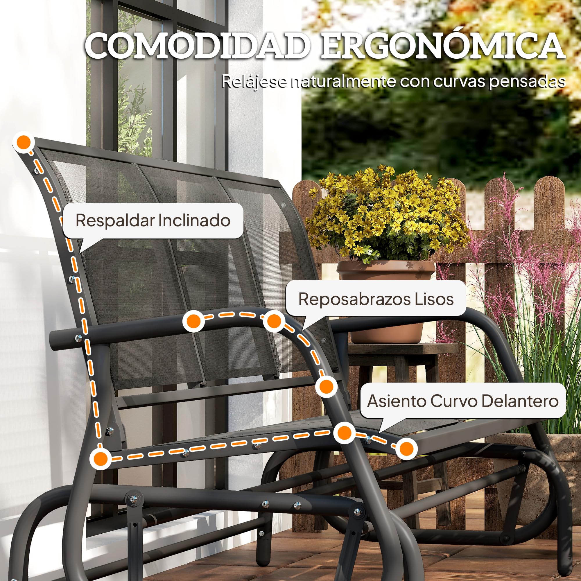 Outsunny Banco de Jardín Exterior de 3 Plazas Mecedora de Exterior con Reposabrazos Carga 300 kg para Terraza Balcón Patio 147x70x85 cm Negro