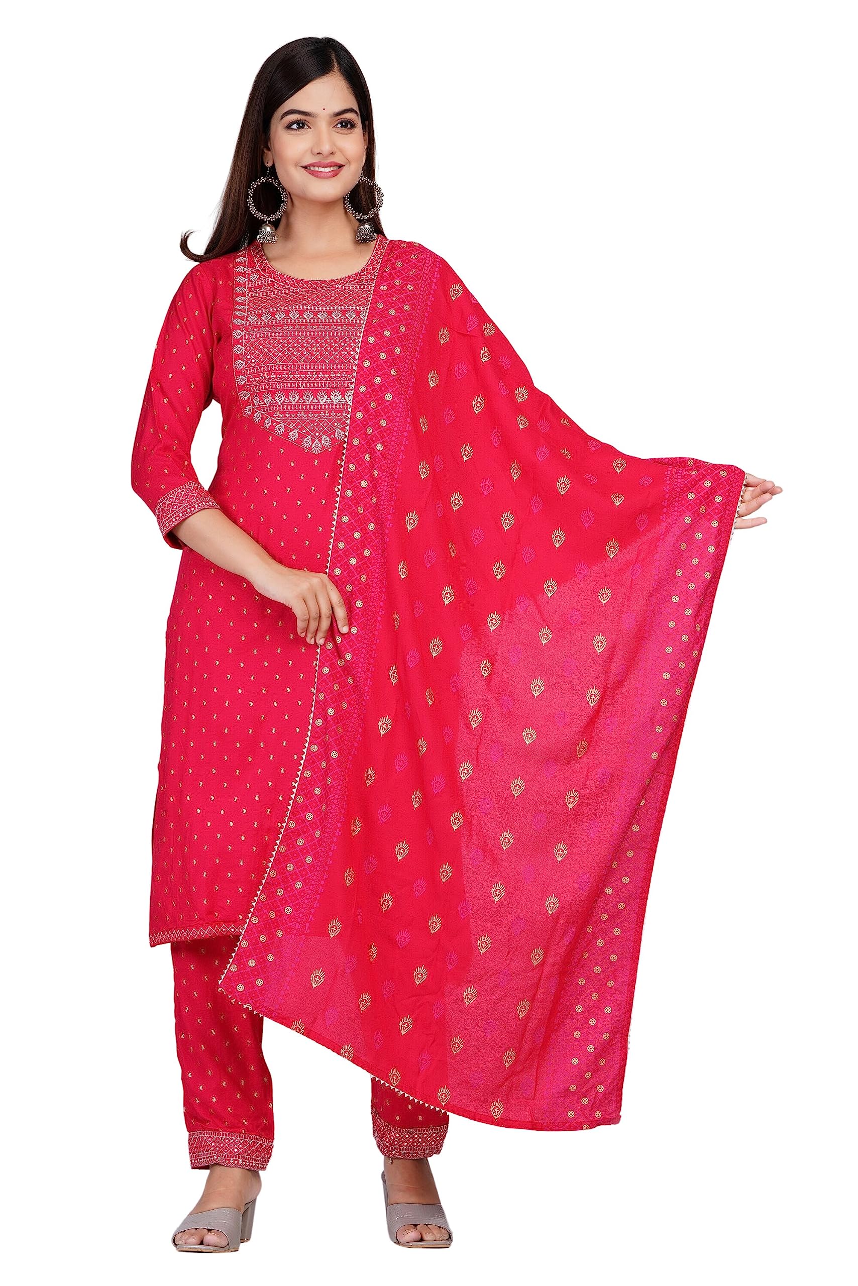 Wize Women's Rayon Printed Embroidered Kurta Suit Set with Dupatta & Pants for Ladies & Girls (JTB004_Red_XL)