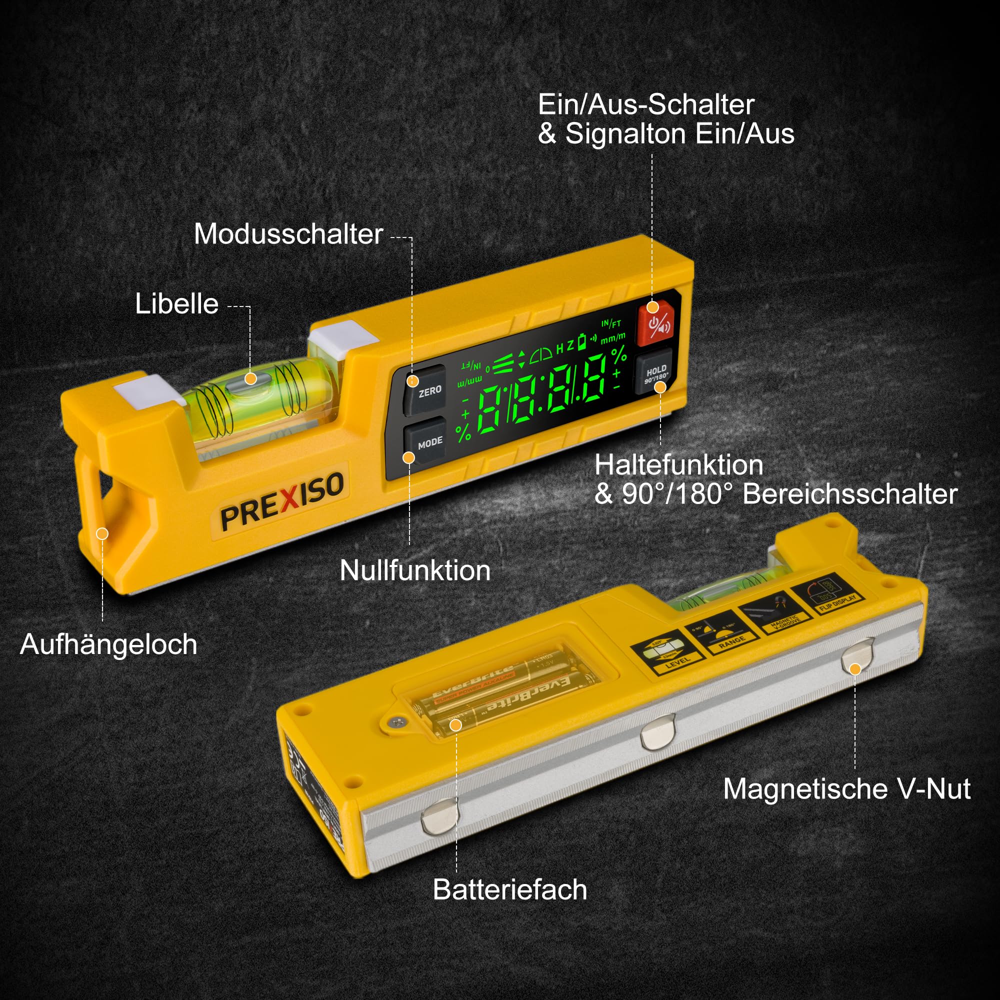 PREXISO Digitale Wasserwaage & Digitaler Winkelmesser, 17,5 cm, 0–90° & 0–180° Messbereich, Magnetische V-Nut, Torpedo-Wasserwaage mit Audioanzeige für Holzarbeiten & Heimwerker
