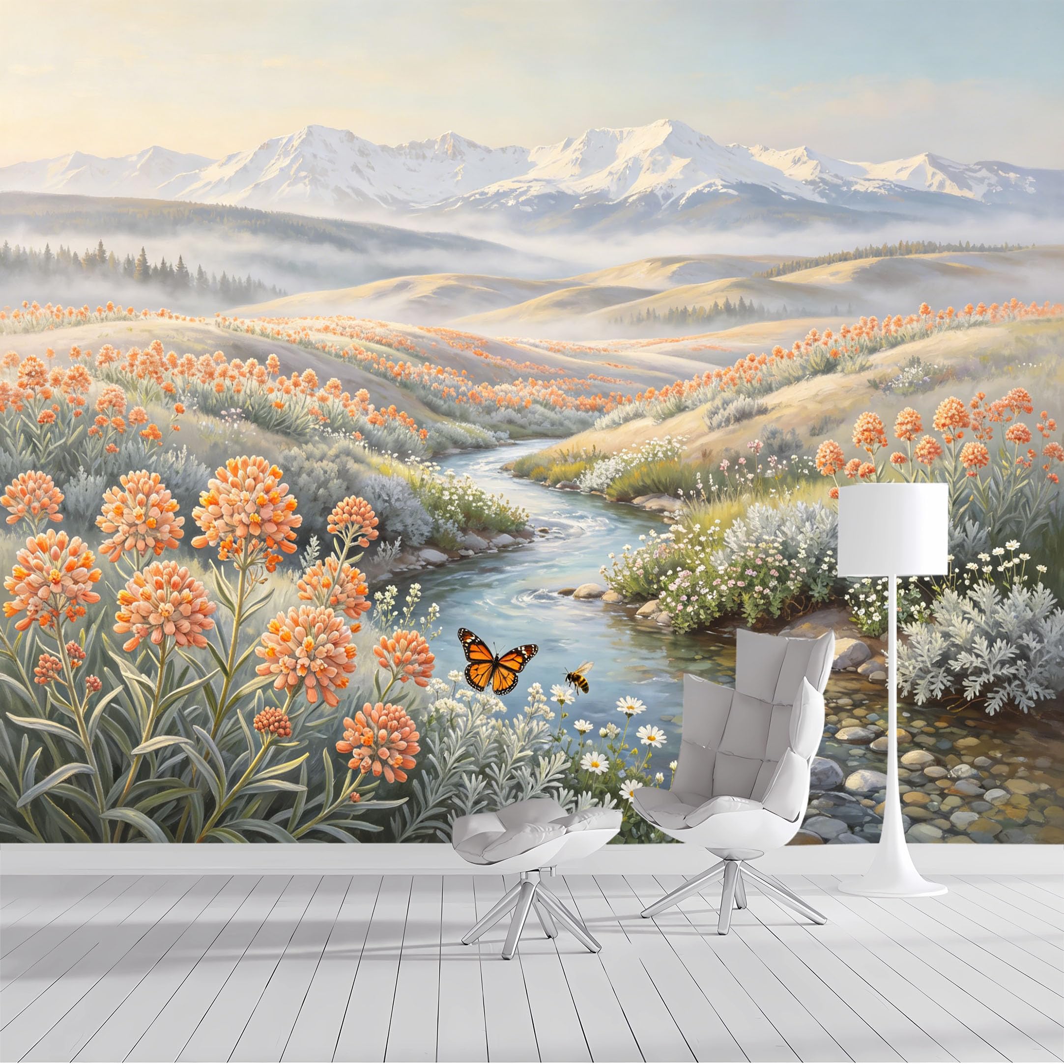 Custom Size Wall Mural Mountain Stream Wildflowers Monarch Butterfly Bee Watercolor Painting SelfAdhesive Wall Fabric Removable Peel and Stick Wallpaper for Living Room Bedroom Bathroom