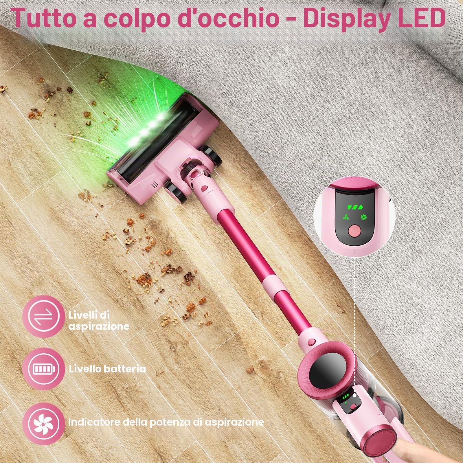 Aspirapolvere Senza Fili, 45KPa 50Mins Scopa Elettrica Senza Fili con Autoportante, Display LED intelligente,Leggero aspirapolvere ricaricabile antigroviglio,Potente per Pavimenti/Tappeti/Peli Animali