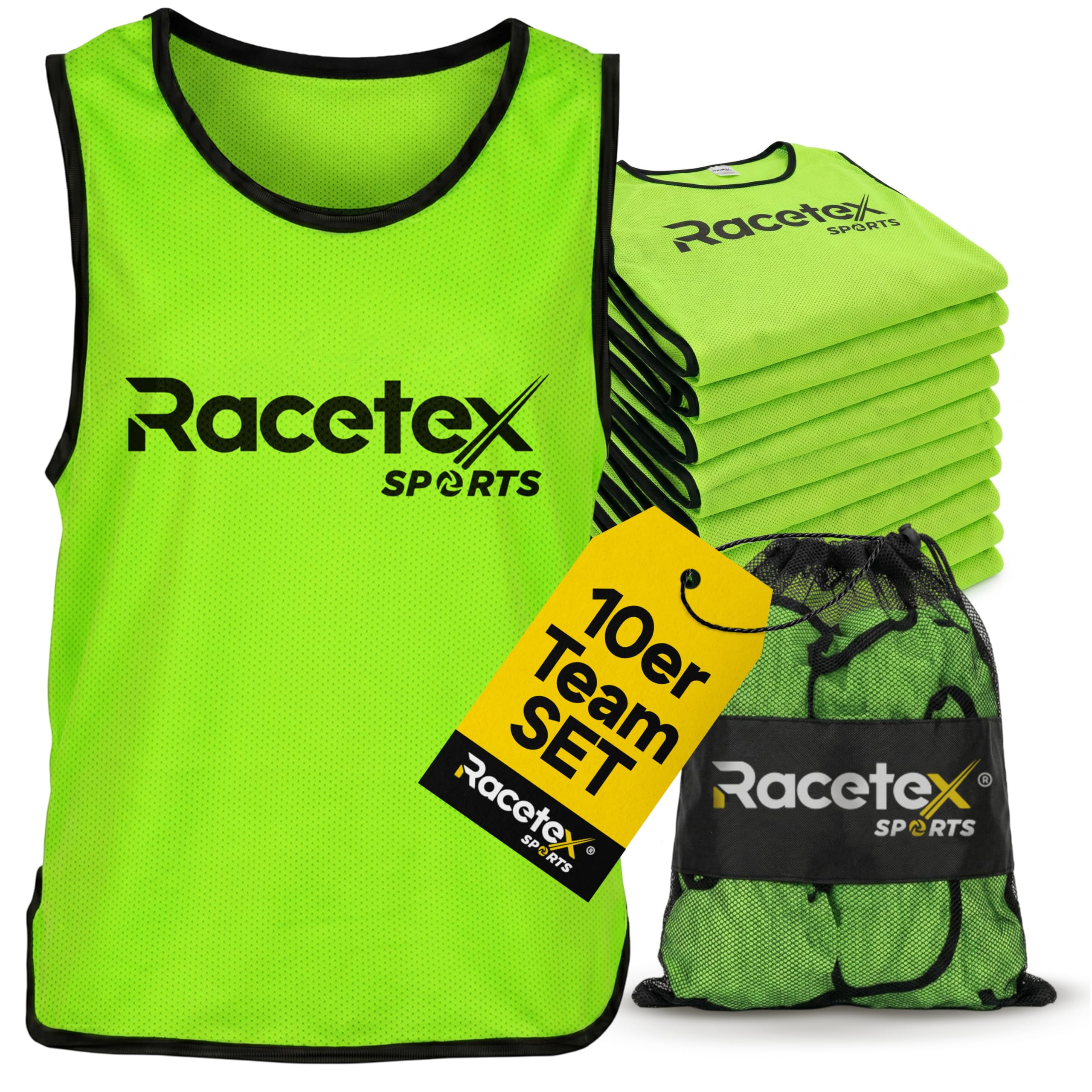 Racetex Leibchen Fussball Kinder und Herren 10er Set – Leibchen Fussball Herren und Damen – Leibchen Kinder mit atmungsaktives Mesh, leuchtende Farbe inkl. Netzbeutel für mühelose Mitnahme