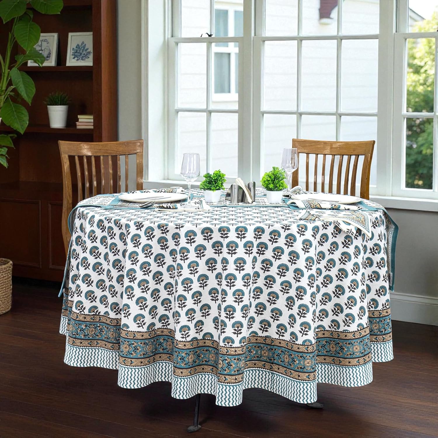 60 Inches Round Hand Block Printed Cotton Tablecloth, Blue Yellow Floral Table Cloths Washable, Indian Table Linen Home Decor Dinning Outdoor
