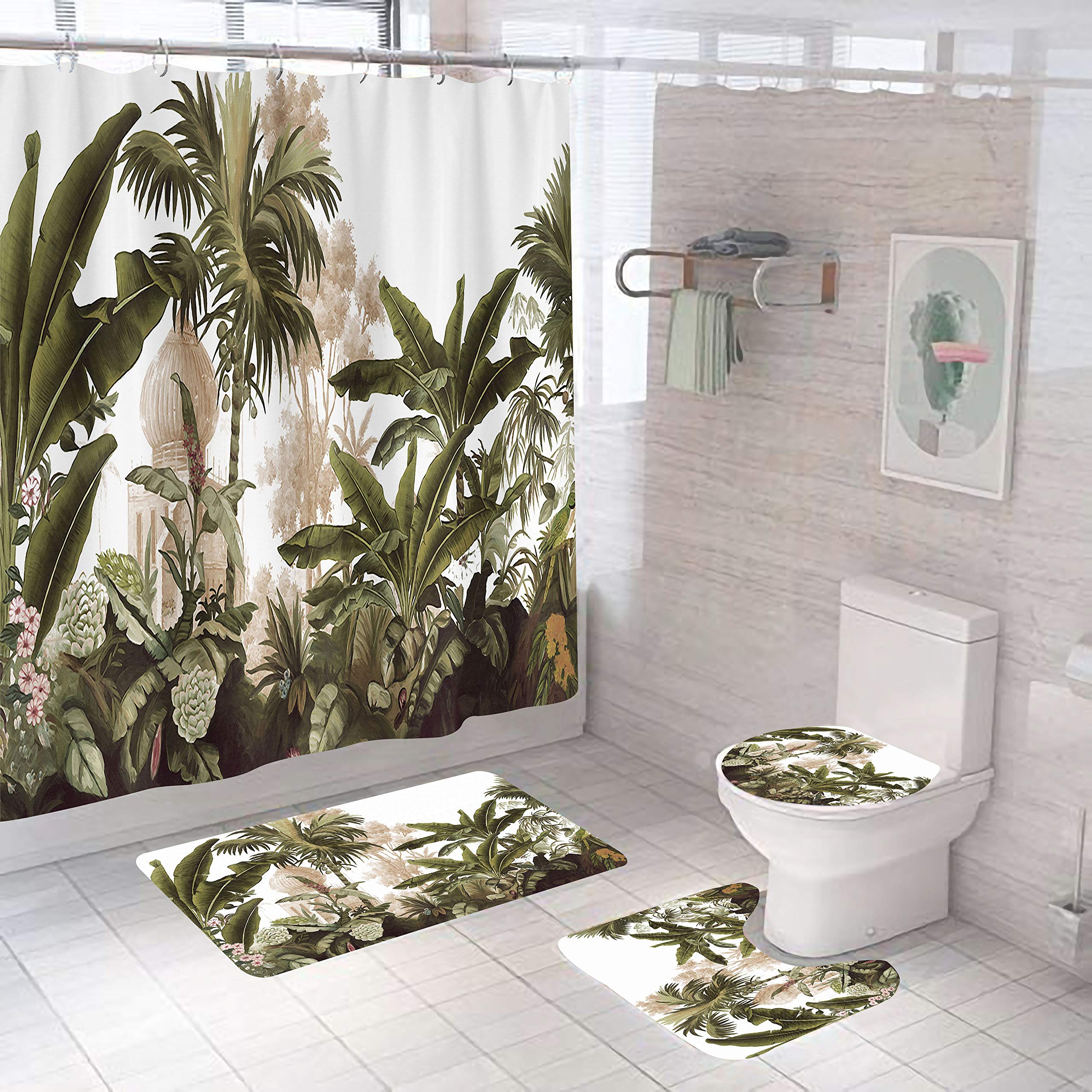 Badematten & Badteppiche Set 4 Teilig Badezimmerteppich Waschbar Badematte rutschfest,Wc Vorleger Mit Ausschnitt Badematte Und Duschvorhang,Badvorleger Toilette Teppich 50×80Cm Blätter