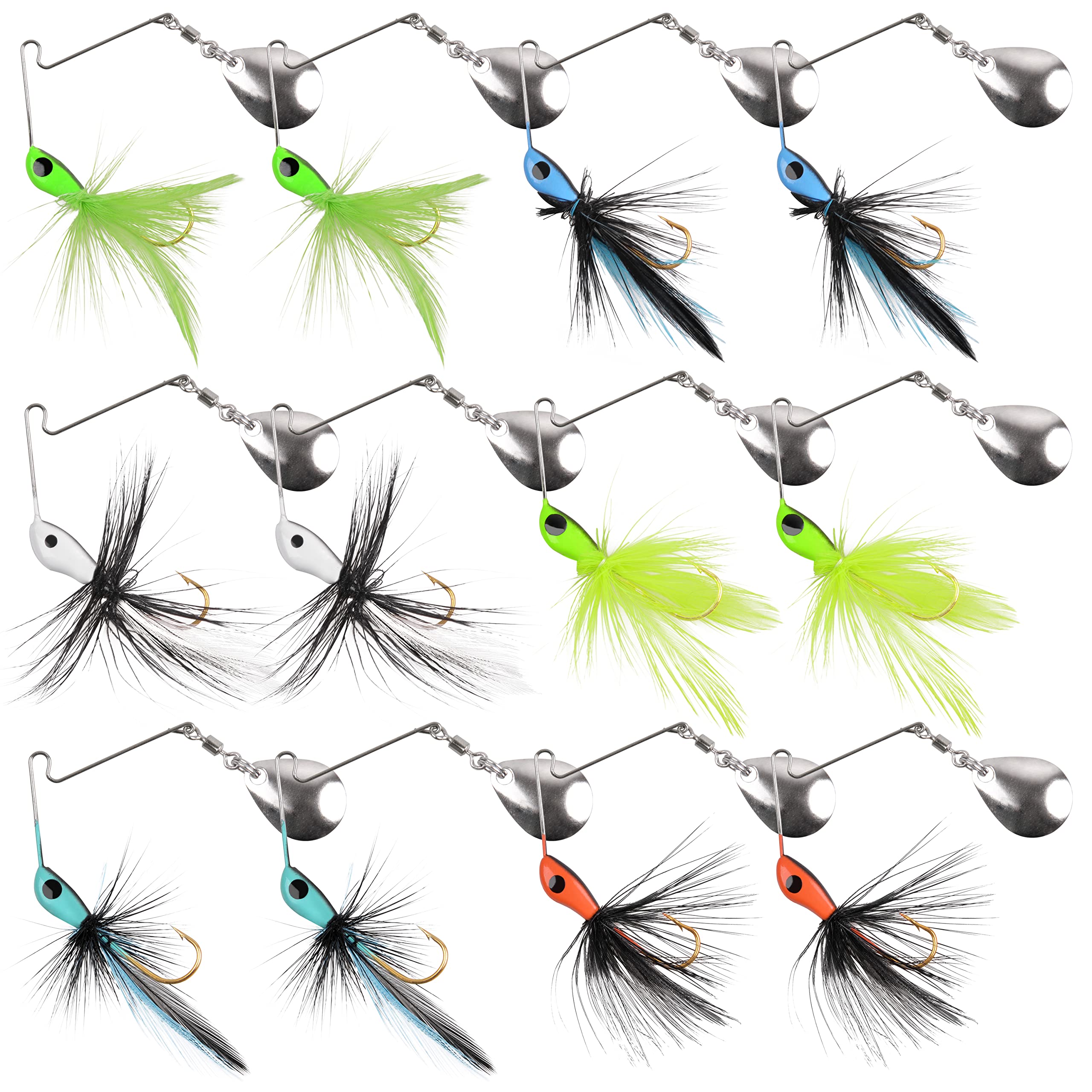OROOTL Spinnerbait Bass Fishing Lures Kit, Mini Fishing Spinner Baits Rooster Fishing Lures with Colorado Blade Feather Tail Hard Metal Spinning Lures for Bass Trout Pike Freshwater Saltwater Fishing