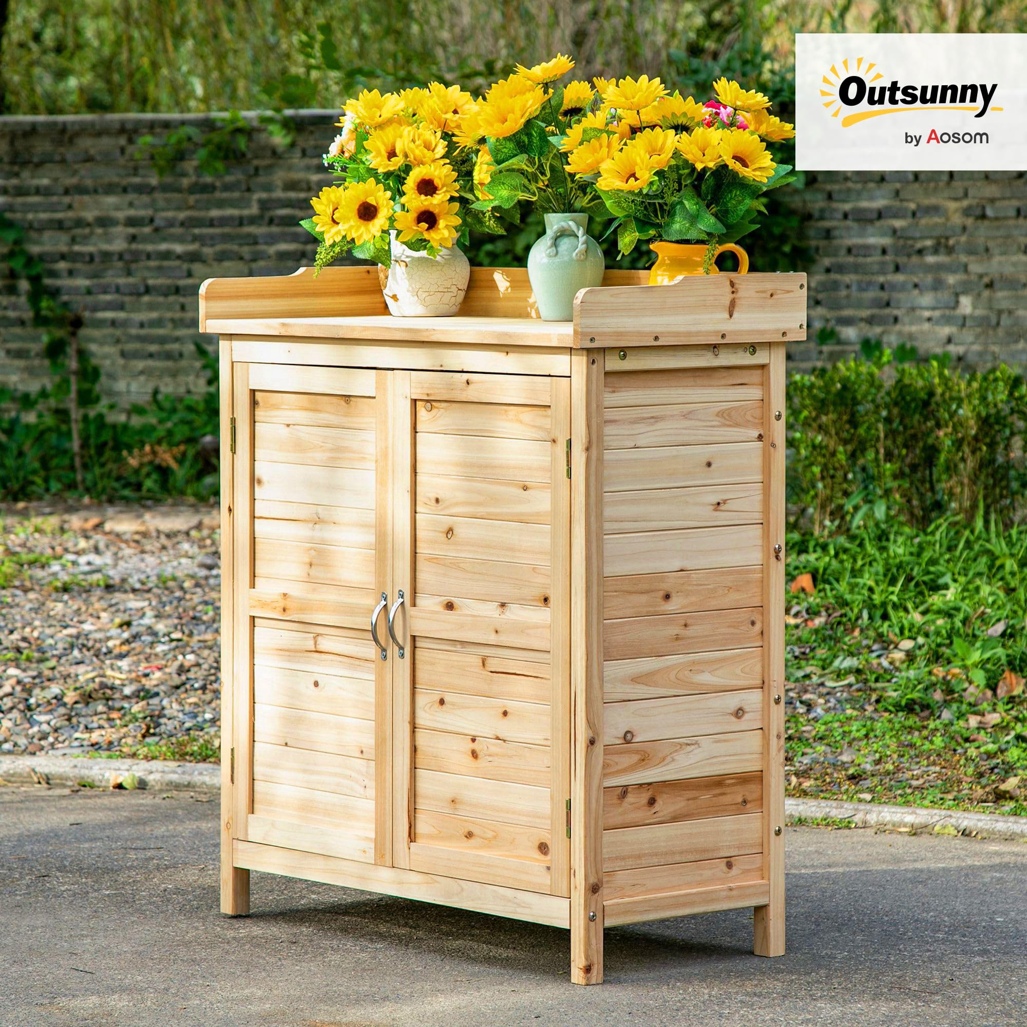 Outsunny Armoire de Jardin en Bois Massif Sapin 83x40x92 cm Double Porte