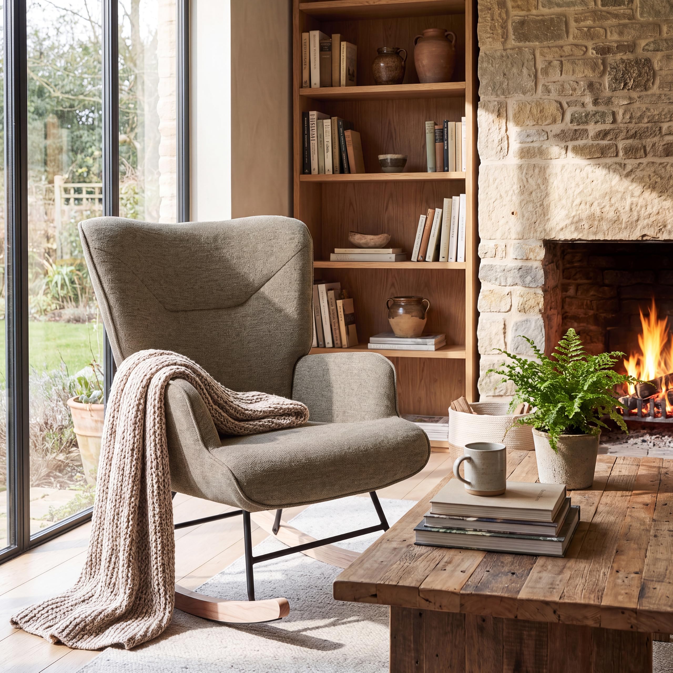 Ohrensessel Leiser Schaukelstuhl mit Armlehnen, Webstoff Sessel, Bequemer Relaxsessel mit Hoher Rückenlehne, Moderner Lesesessel für Wohnzimmer Schlafzimmer Kleine Räume, Sand