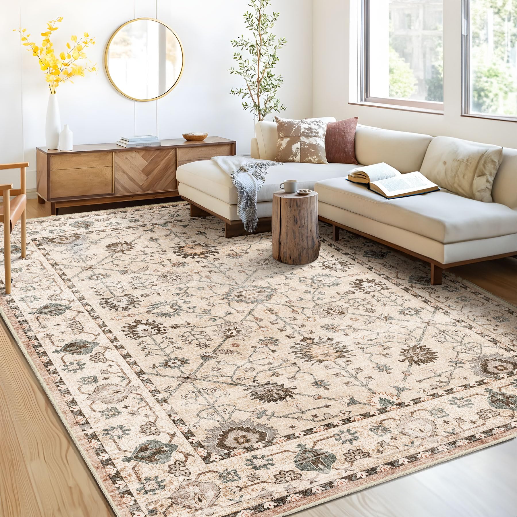 MUJOO Area Rugs 8x10,Boho Washable Rugs for Living Room Bedroom,Beige Rug Large,Non Slip Carpet Indoor,Vintage Soft Tan and Grey Floral Rug