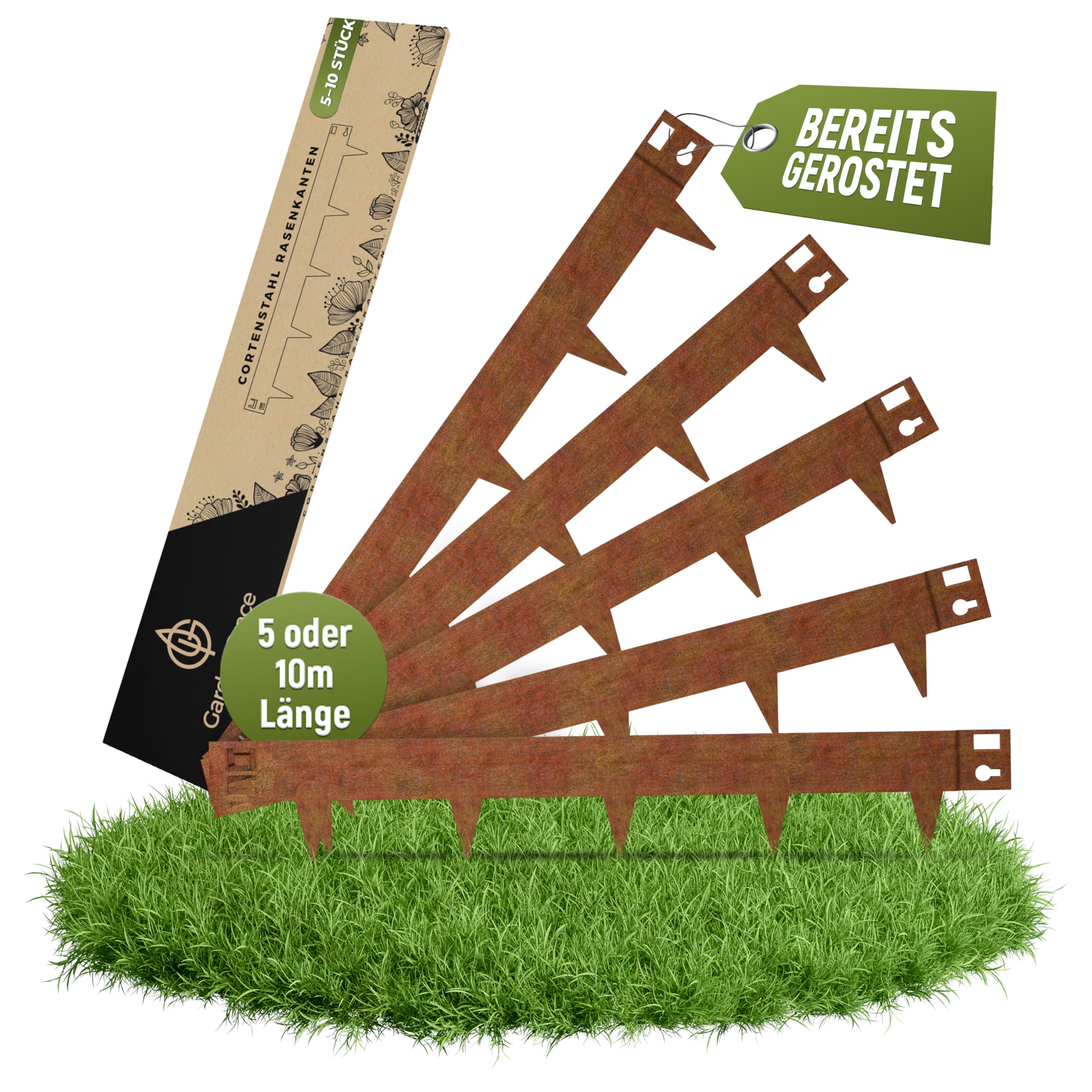 GardenGrace Cortenstahl Rasenkante 5 x 1m (1,5mm dick, 16cm hoch) - Premium Beeteinfassung Metall - Flexible Beetumrandung aus Edelrost Stahl für den Garten, Rasenbegrenzung