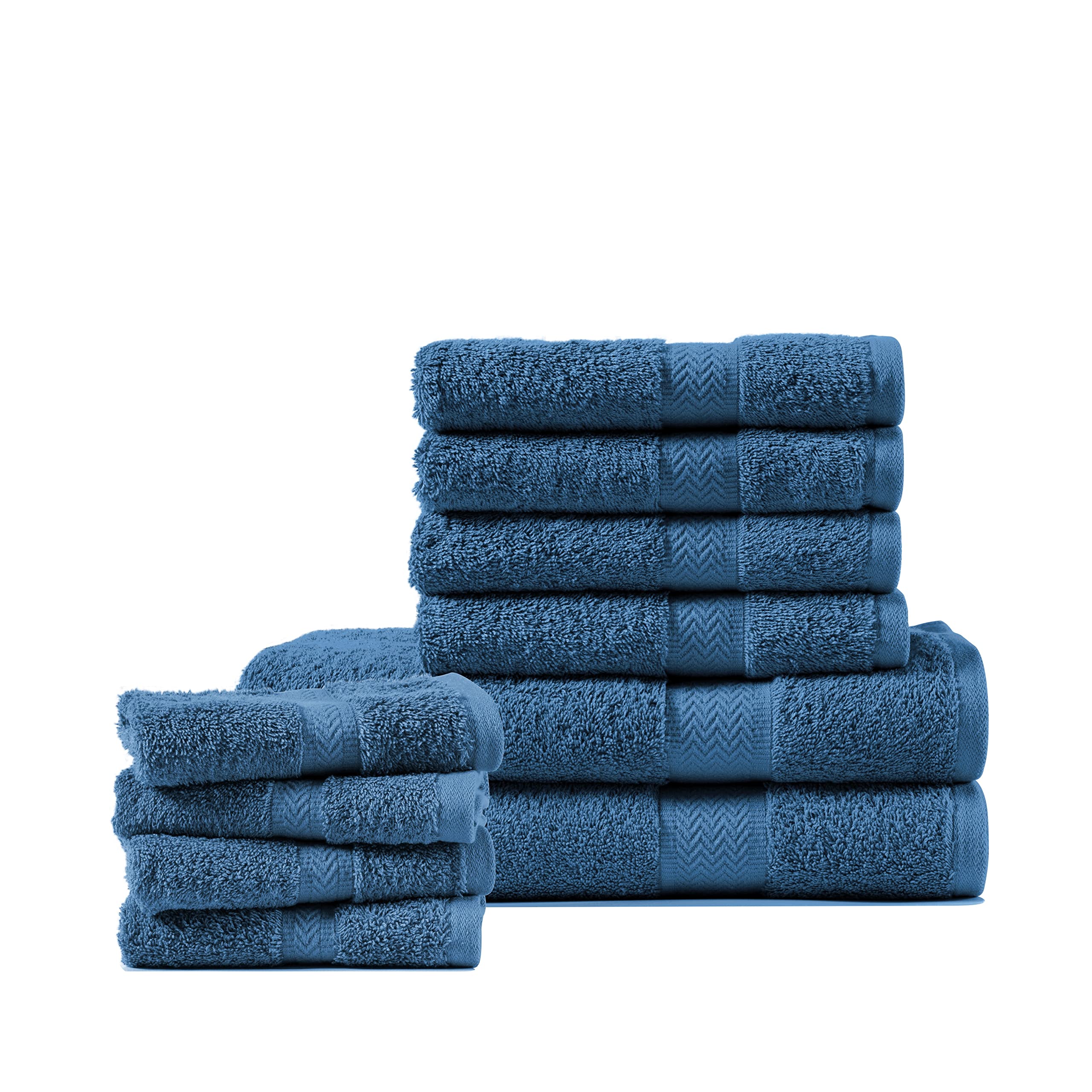 10 Piece Bath Towel Set, 100% Cotton Towels Large Bathroom, Low Lint Bathroom Hand Towels, Highly Absorbent, Extra Large Bath Towels Set, 2 Bath Towels, 4 Hand Towels, 4 Wash Cloths - DenimOEKO-TEX MADE IN GREENOEKO-TEX MADE IN GREENOEKO-TEX MADE IN GREEN