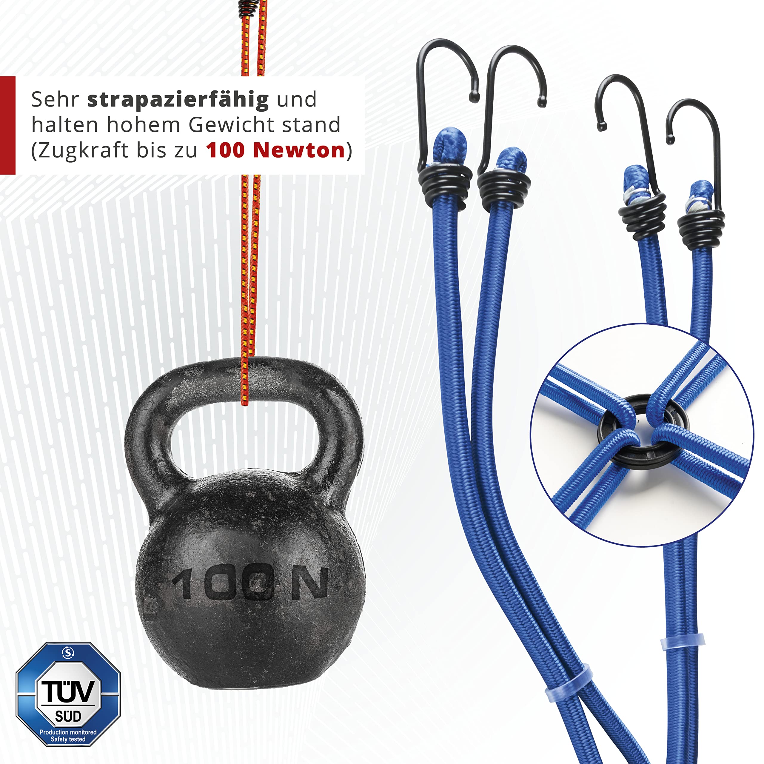 WALSER Ragno Per Bagagli 8 Bracci Con Ganci, Cinghie Elastiche 60cm, Set TÜV, Blu, Forza Trazione 100N