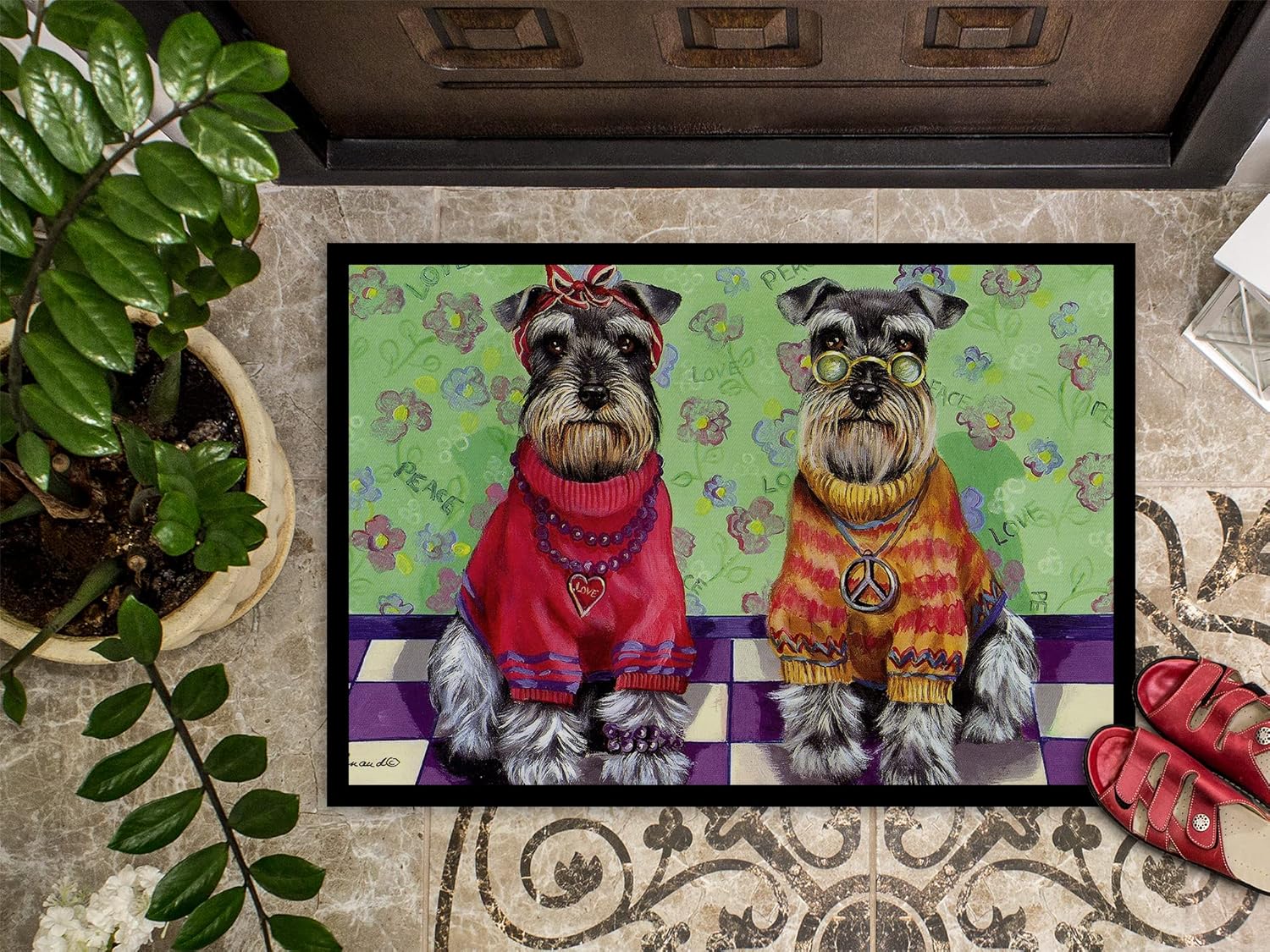 Caroline's Treasures PPP3333MAT Schnauzer Love and Peace Doormat 18x27 Front Door Mat Indoor Outdoor Rugs for Entryway, Non Slip Washable Low Pile, 18H X 27W