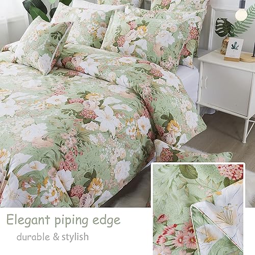 Miniatura 6 de FADFAY Juego de funda de edredón floral, tamaño Queen, 100% algodón, ropa de cama vintage desgastada de 600 hilos, verde menta, flores blancas,