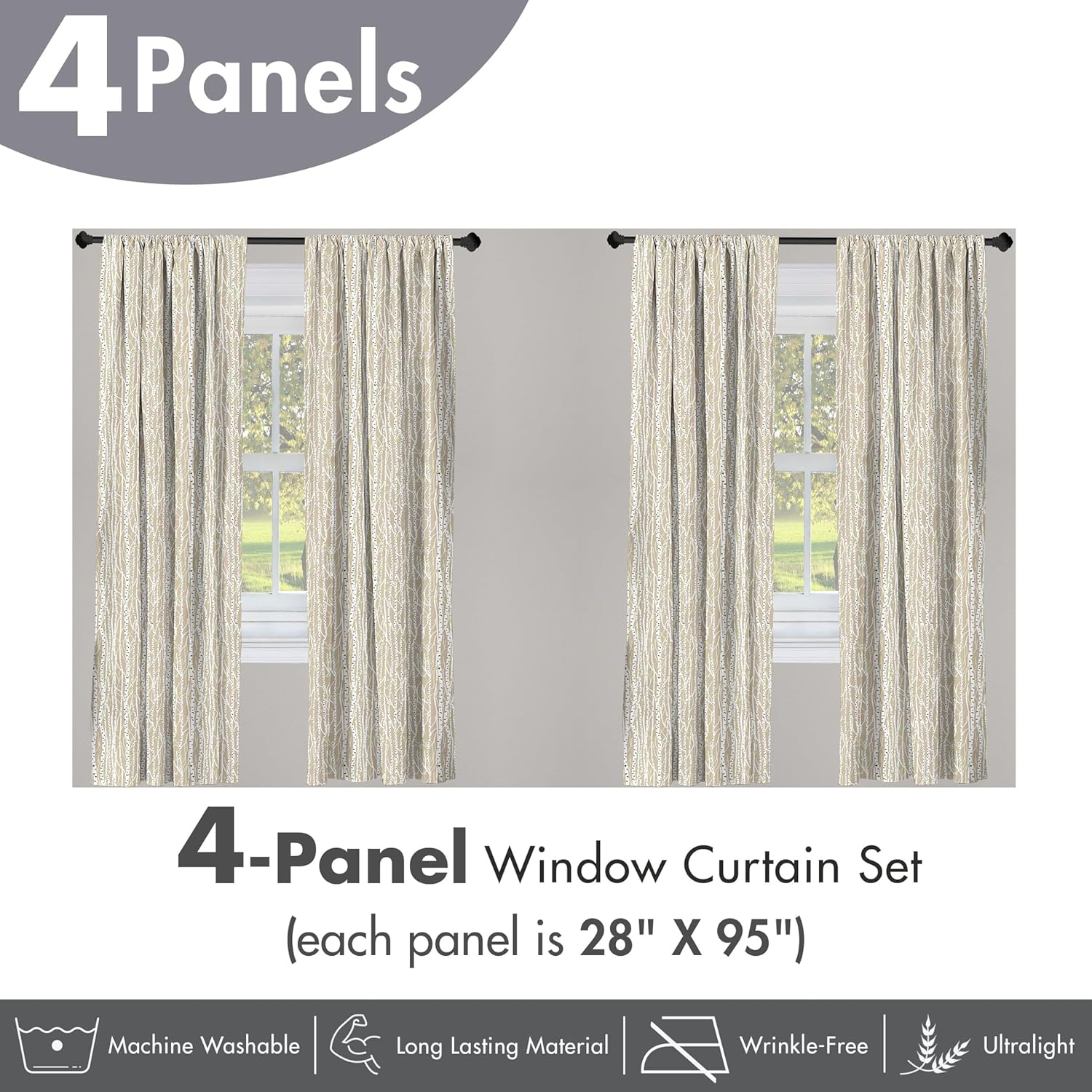 Ambesonne Birch Tree Window Curtains Pack of 2, Forest Fresh Foliage Nature Abstract Trunks Black Spots, Lightweight Set with Rod Pocket, 4 Panels of - 28" x 95", Tan Green