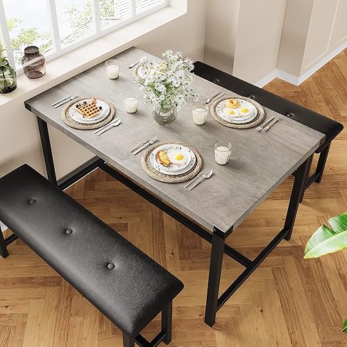Miniatura 2 de Fancihabor Mesa de cocina con bancos, juego de mesa de comedor para 4, juego de mesa de comedor rectangular con 2 bancos tapizados, juego de mesa de