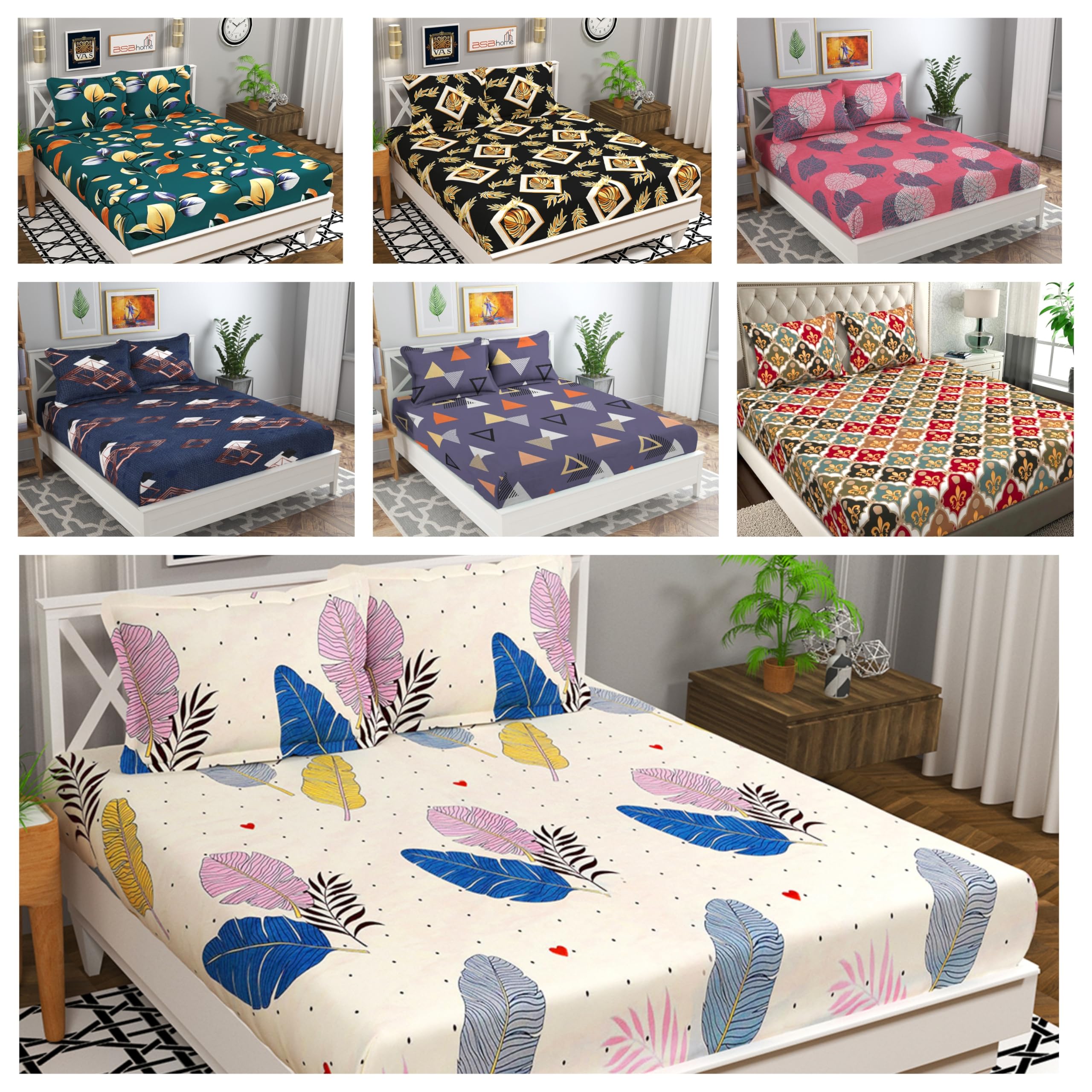 BSB HOME Combo of 7-Piece Double Bedsheet Set – Elegant Designs Perfect for Every Day Use Ultra Soft, Fade-Resistant & Durable Breathable & Wrinkle Free Sheet with 14 Pillow Covers-Beige Green & Blue