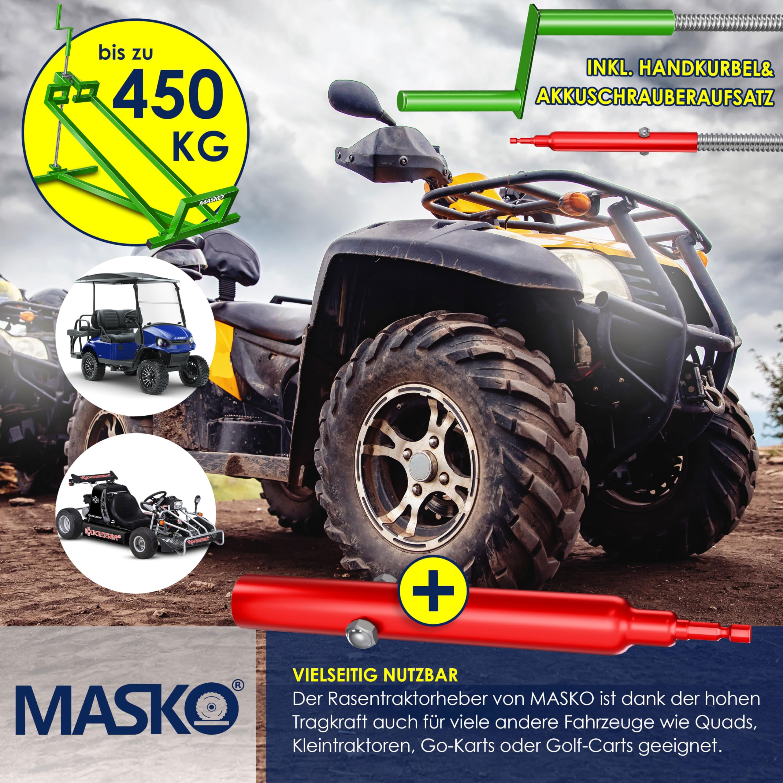 MASKO Elevador de tractor de césped XXL, 450 kg, dispositivo elevador, plataforma elevadora, herramienta de limpieza universal, elevación de tractor de césped, inclinación ajustable +45°, incluye