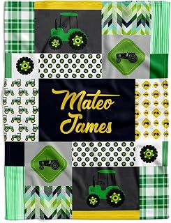 Personalized Tractor Farm Theme Baby Blanket, Custom Green Plaid Swaddle, Baby Boy Farm Equipment Fleece Wrap, Agricultural Nursery Decor, Cozy Tractor Patterned