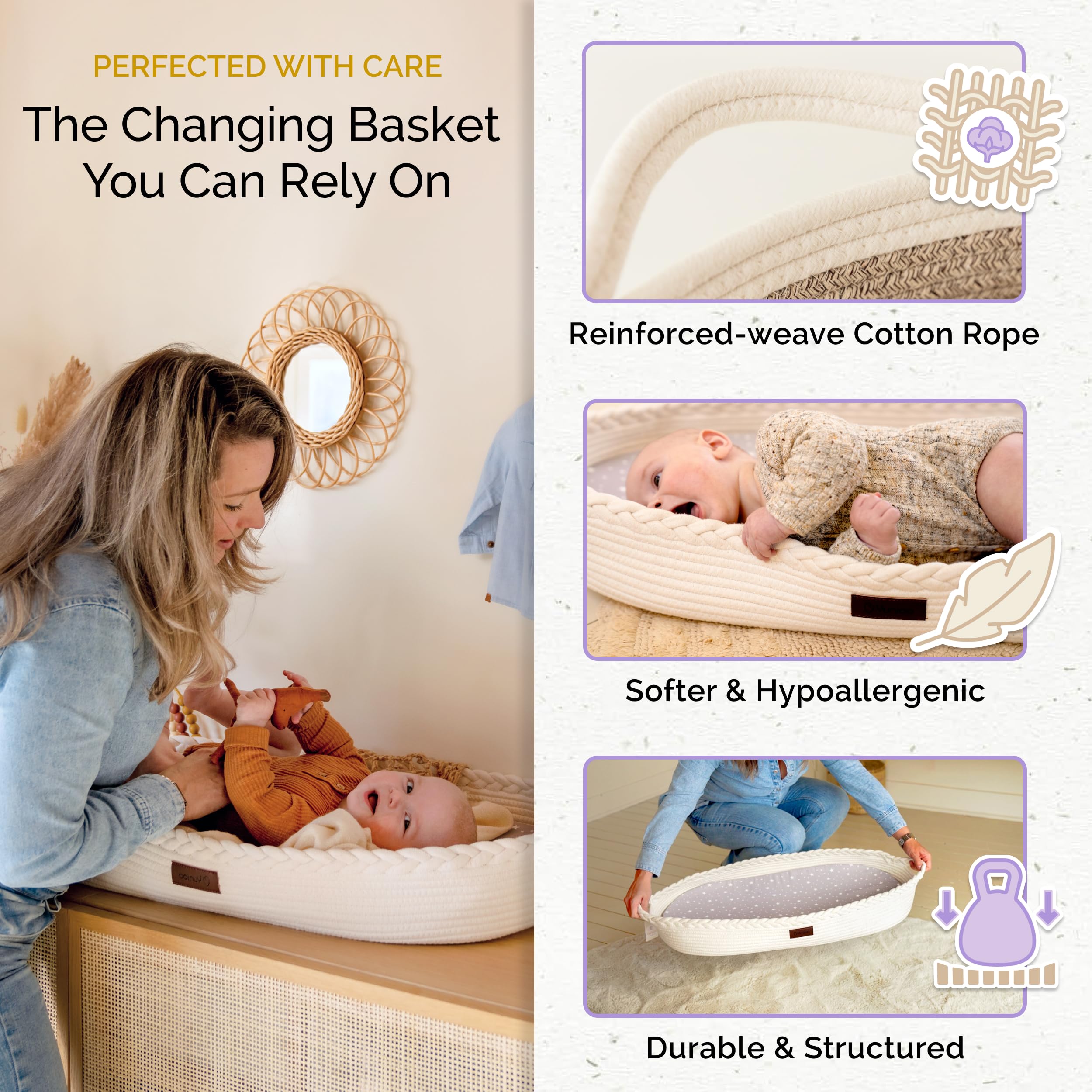 Panier à Langer Bébé + Organisateur Couches Yunioo - Matelas à Langer Bébé avec Housse Imperméable & Rangement Table à Langer, Coton Tressé, Lavable, Cadeau Naissance