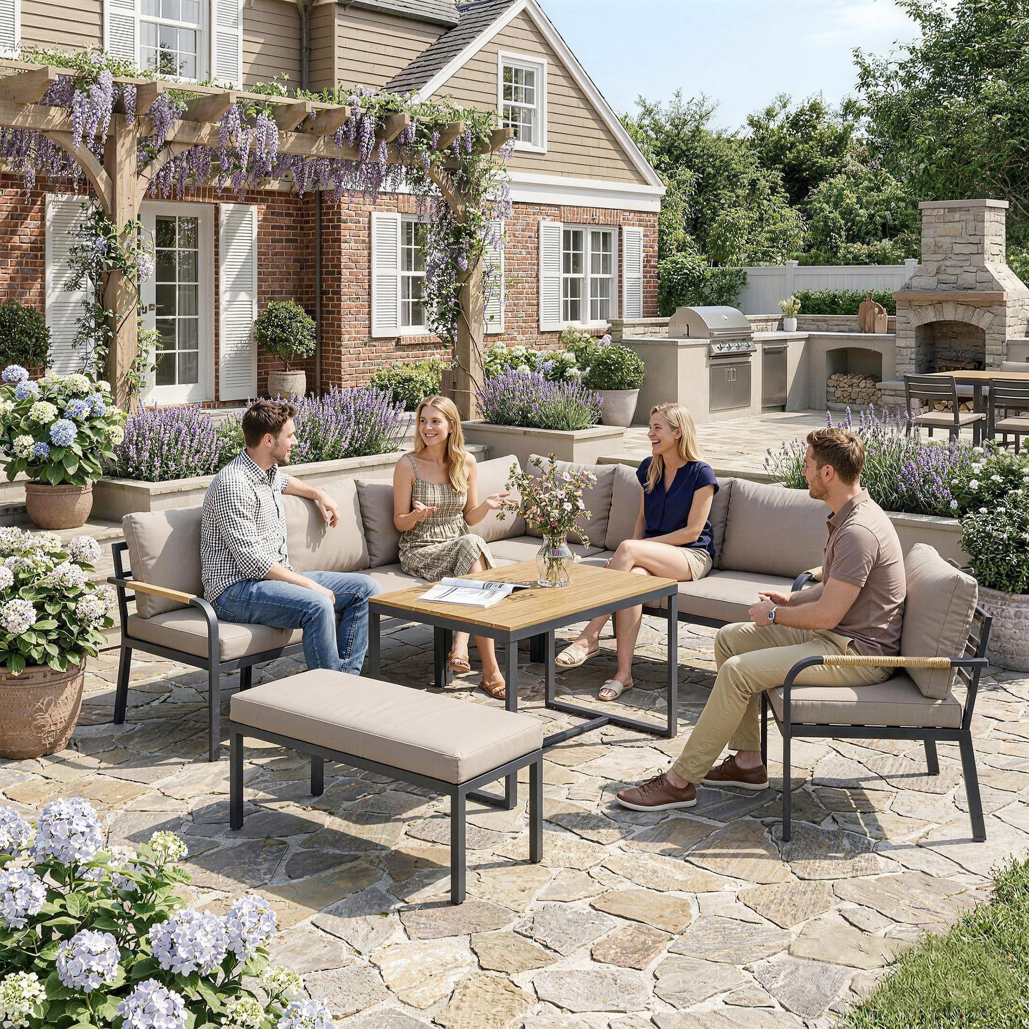 Outsunny Salon de Jardin 7 Pièces Ensemble Canapé d'angle Extérieur Modulable avec Pouf et Table en WPC Mobilier de Terrasse Accoudoirs en Résine Tressée et Coussins Épais Beige et Gris