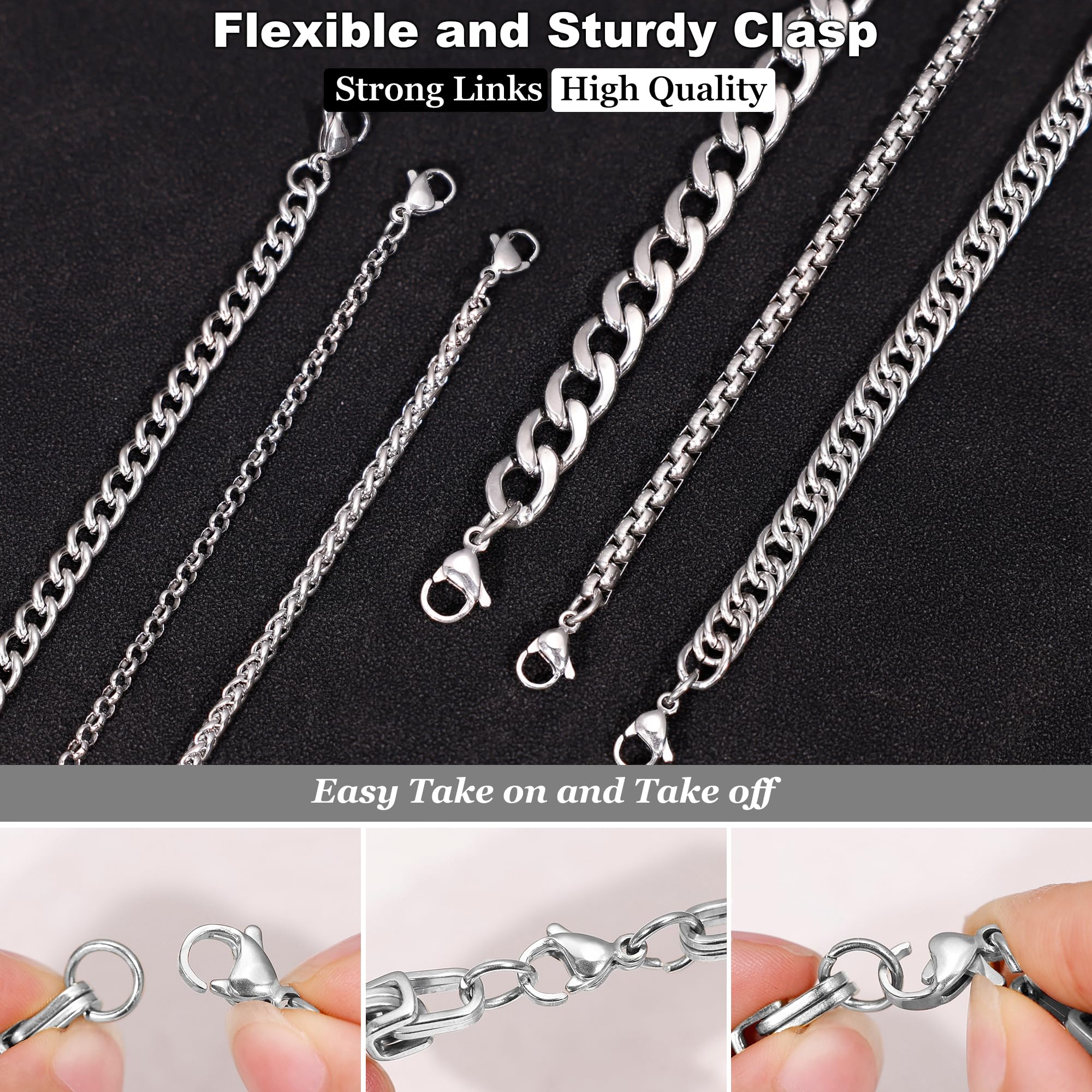 12 pulseras de cadena de eslabones cubanos de acero inoxidable para hombres y mujeres, cadena de cuerda fígaro dorada, juego de pulseras de cadena de eslabones cuadrados Rolo trenzadas de 7.5 3