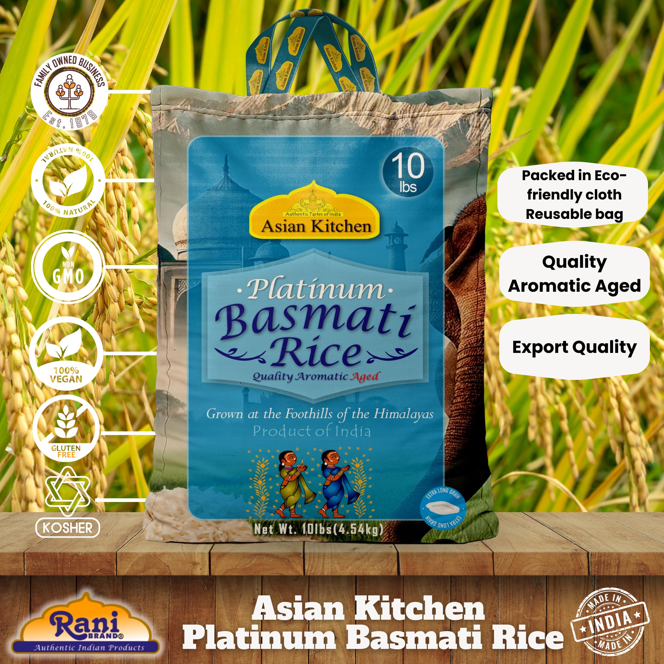 Asian Kitchen Platinum White Basmati Rice Extra Long Aged 10lbs (4.54kg) ~ All Natural | Gluten Friendly | Vegan | Indian Origin | Export Quality