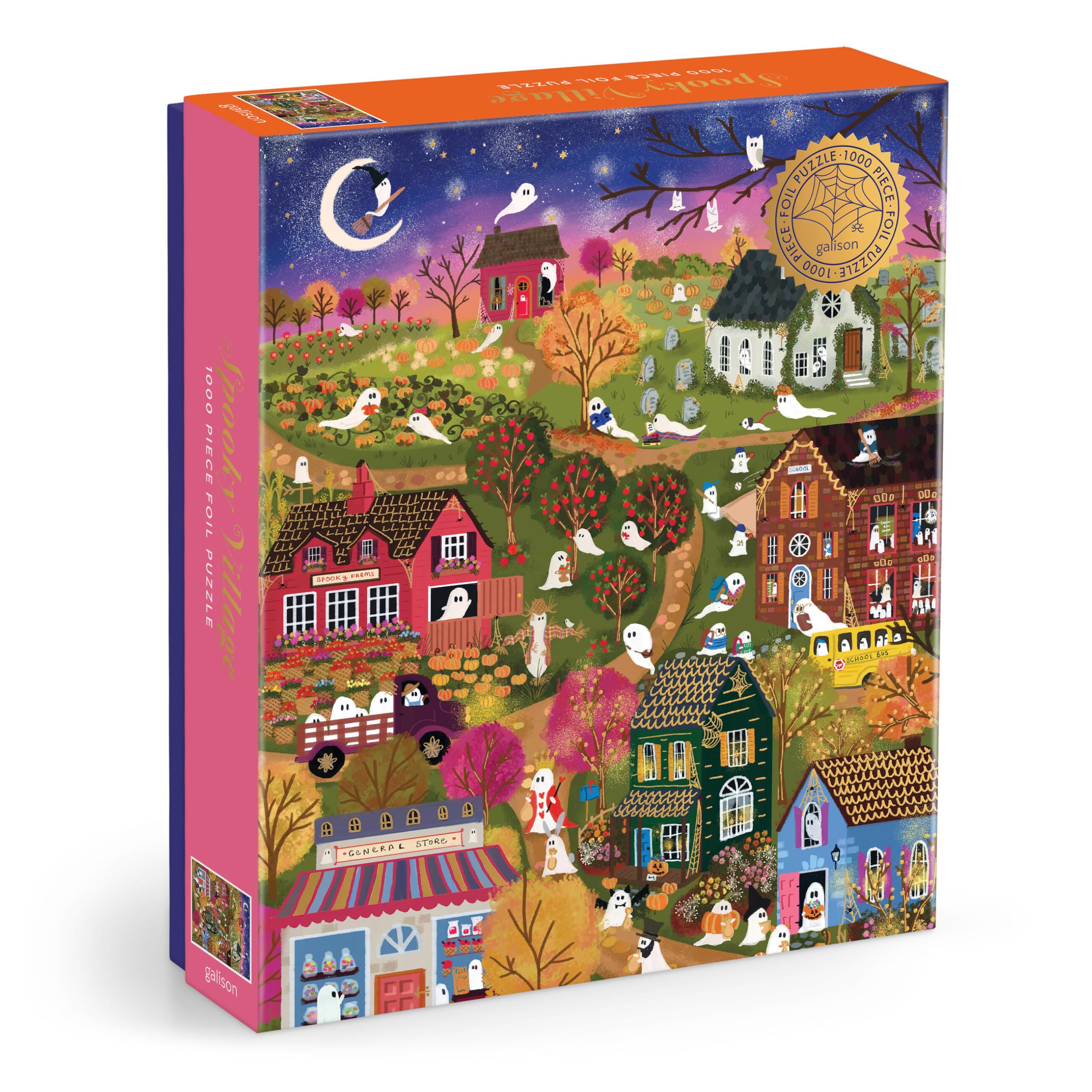 Galison Spooky Village – 1000 Piece Foil Joy Laforme Jigsaw Puzzle Featuring Spooky Artwork of Ghostly Village During Halloween
