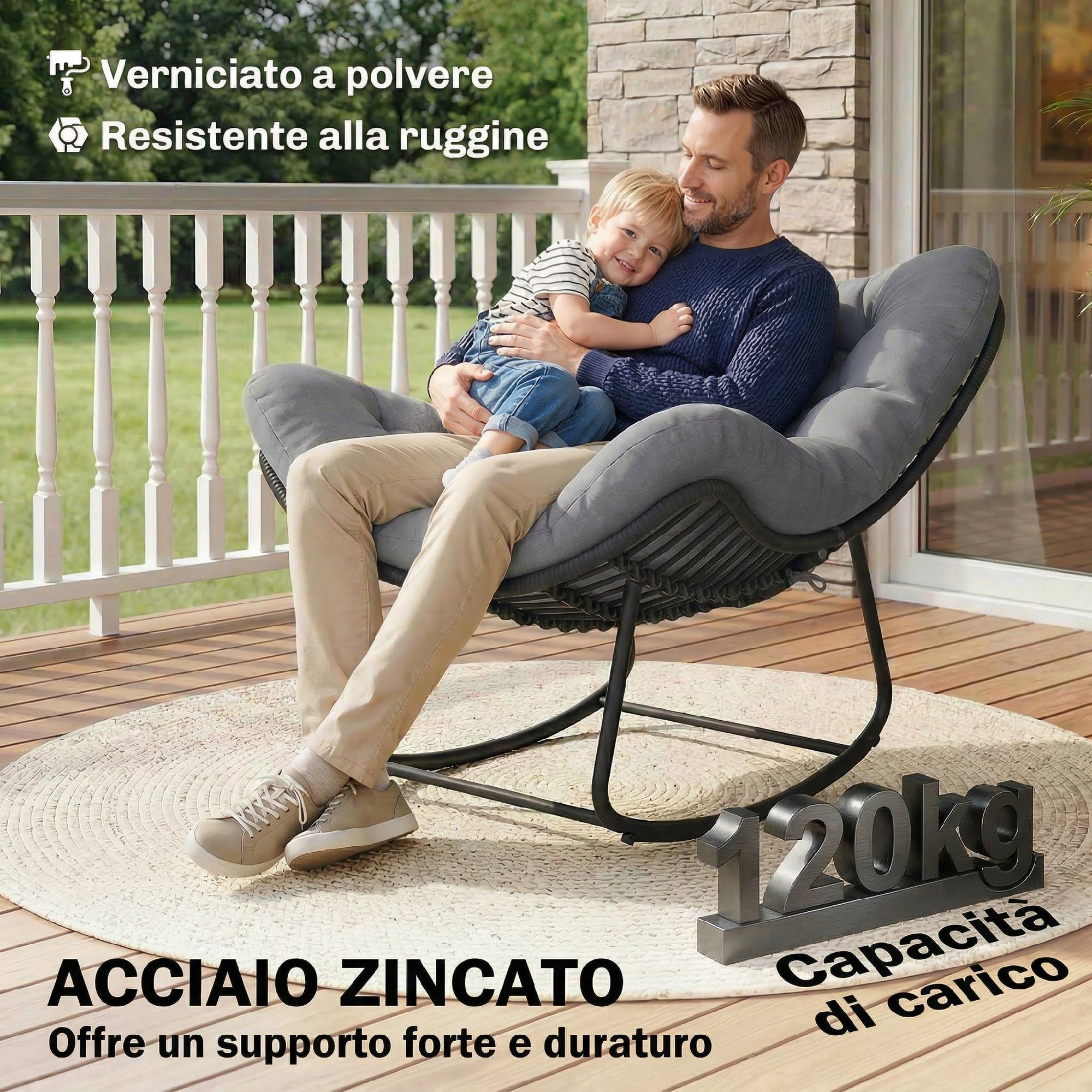 Outsunny Sedia a Dondolo in Rattan Oversize con Cuscino, Struttura Metallo Zincato, Max 120 kg, Grigio Scuro