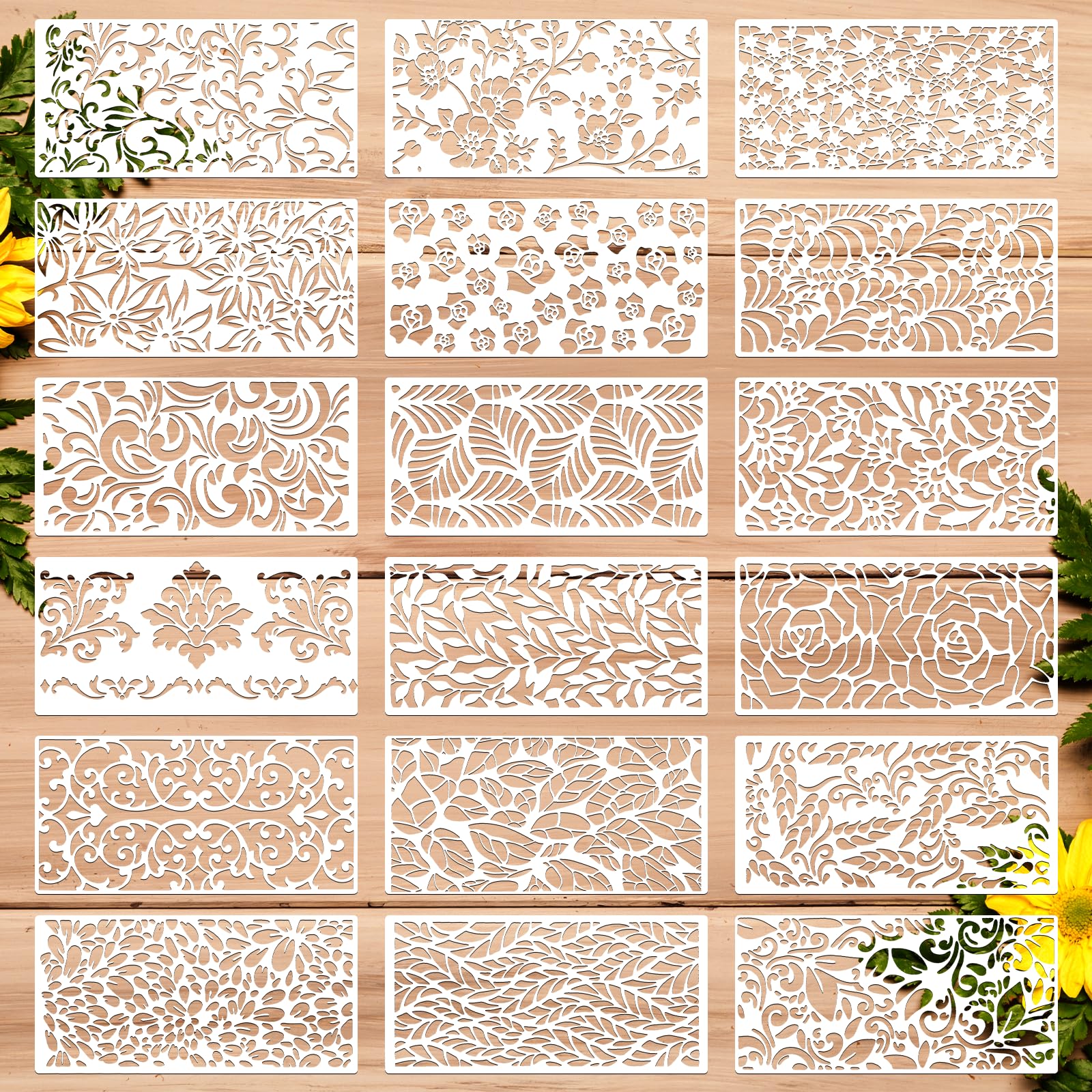 18Pcs Flower Stencils for Painting, Reusable Cake and Cookie Stencils, Floral Patterns for DIY Crafts, Wood, Fabric, and Furniture Decoration