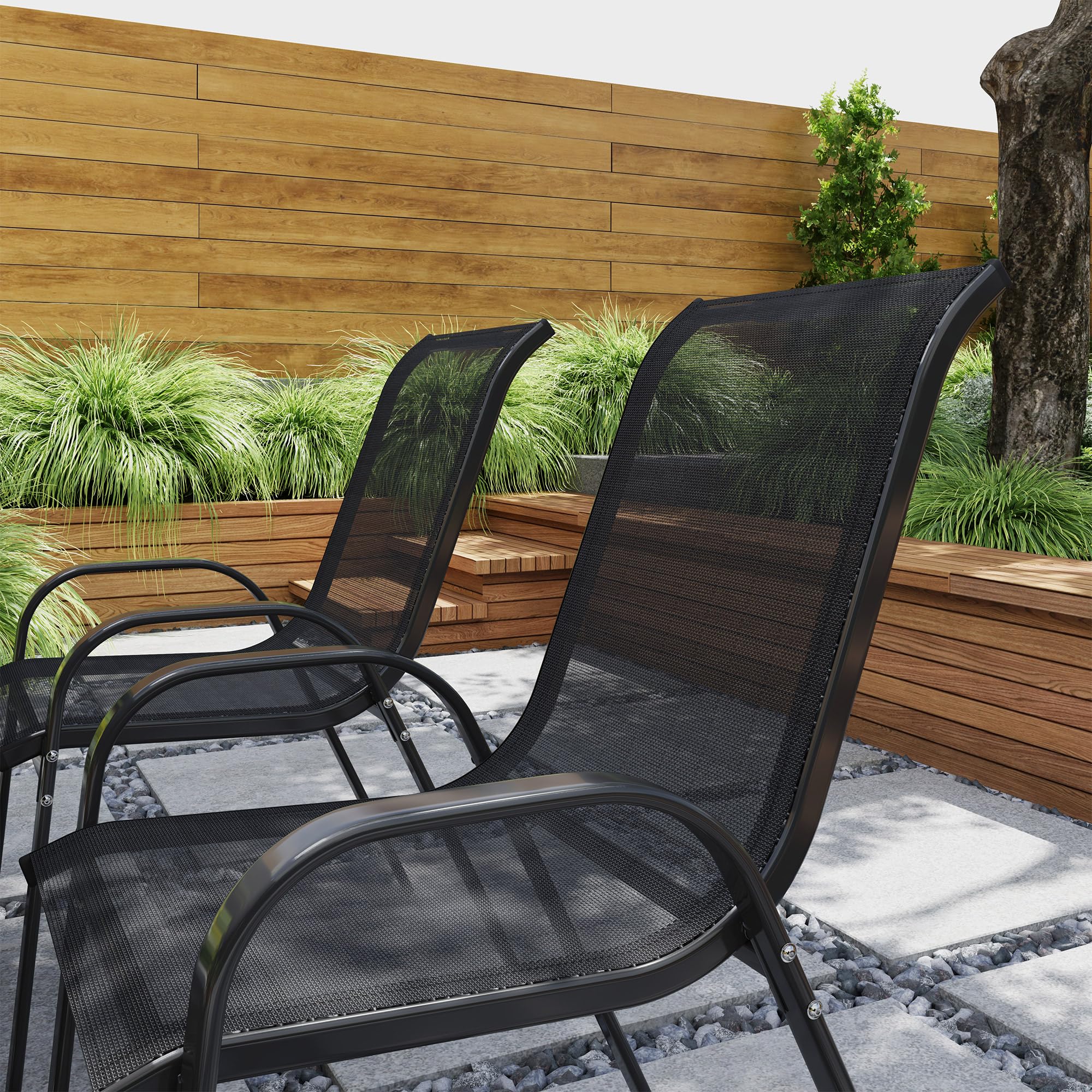 Outsunny Lot de 4 chaises de Jardin, chaises empilables, Dossier Haut incliné, Tissu en Maille Respirante, Cadre en Acier, Noir
