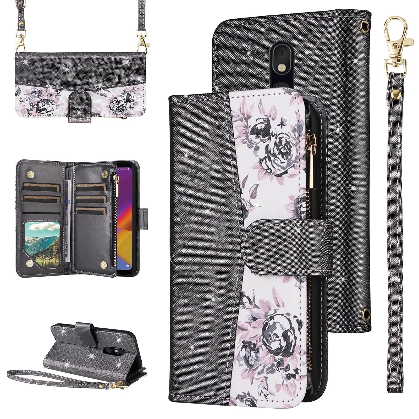 Furiet for LG Stylo 5/5+/5V/5X/Stylo5 Plus Floral Wallet Case Flip Zipper Purse Wrist Strap Shoulder Strap Stand Phone Cover for LGStylo5 Stylus 5plus